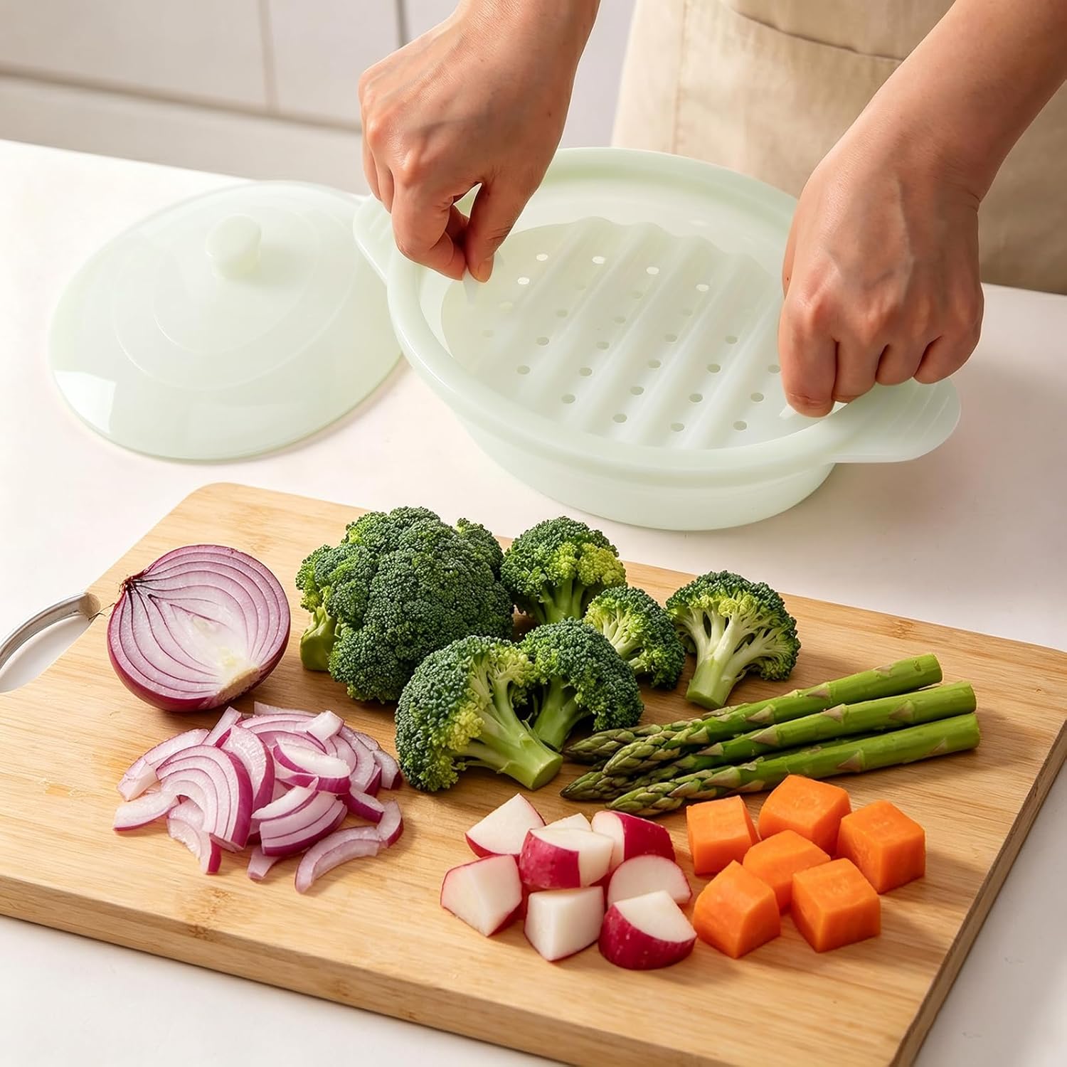 Microwave Steamer Cooker Collapsible Bowl Silicone Baked Potato Cookware with Handle Lid for Vegetables Fish Prep Meal Food with Removable Rack BPA Free Easy to Store Freezer Dishwasher Safe Aqua - Image 6