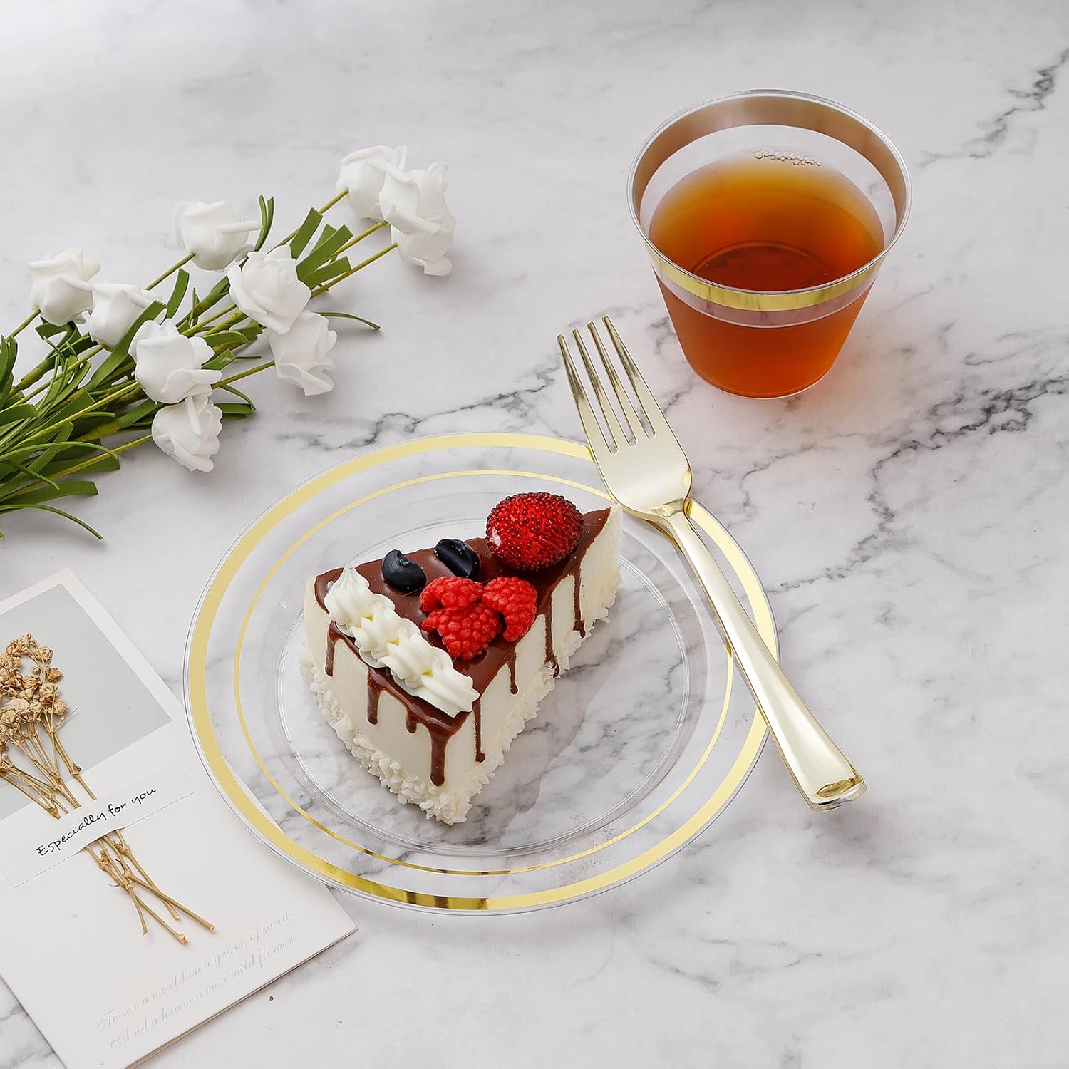 BESTVIP 600PCS Clear Gold Dinnerware Set for 100 Guests, Plastic Plates for Party, Christmas and New Year, 100 Disposable Plates, 100 Dessert Plates, 100 Cups, 100 Spoons, 100 Forks and 100 Knives - Image 3
