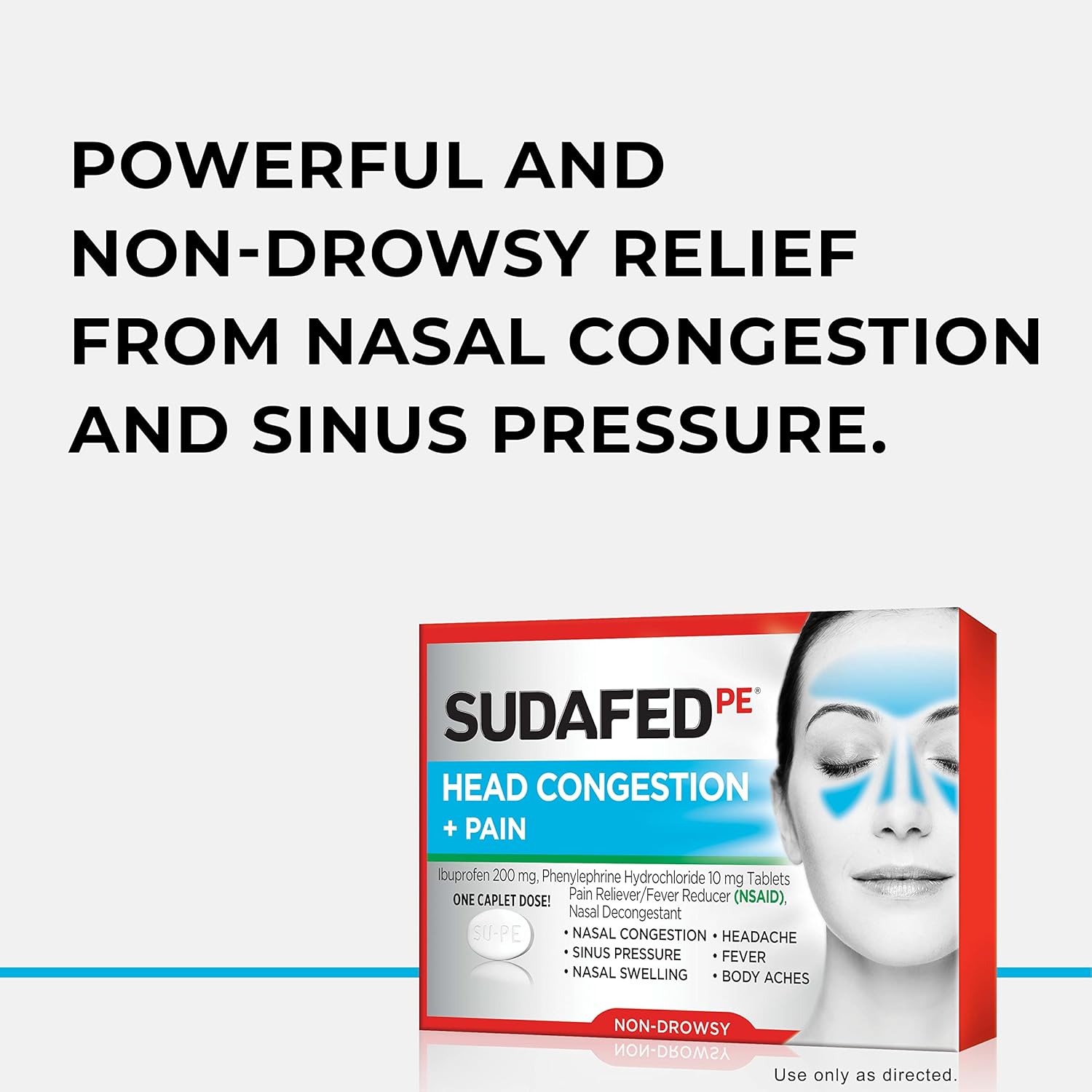 Sudafed PE Non-Drowsy Head Congestion + Pain Relief Caplets with Ibuprofen 200 mg & Phenylephrine HCl 10 mg, Nasal Decongestant & NSAID Pain Reliever & Fever Reducer, 20 ct - Image 3