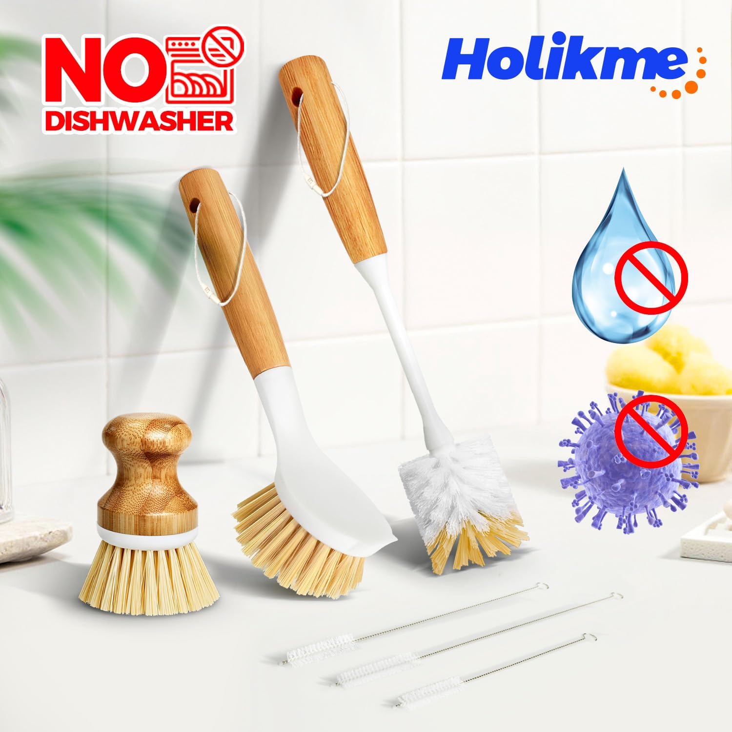 Holikme 6 Pack Dish Brush Scouring Pad Set with Bottle Brush, Dish Brush, Palm Scrub Brush and Straw Brush, Dish Scrubber Long Handle for Dish Bottle Cup Skillet Wok Pot Pan Cast Iron, Yellow - Image 6