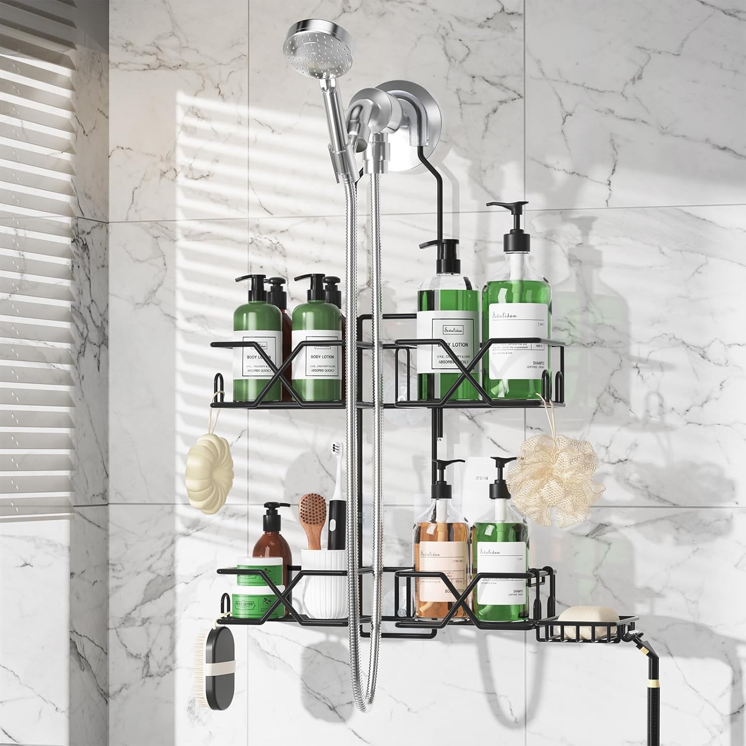 Sewulidon Stainless Steel Hanging Shower Caddy for Handheld Shower Heads,Adjustable Height Extra Long Bathroom Shower Organizer Hanger Rack with Hooks,Soap Holder - Image 2