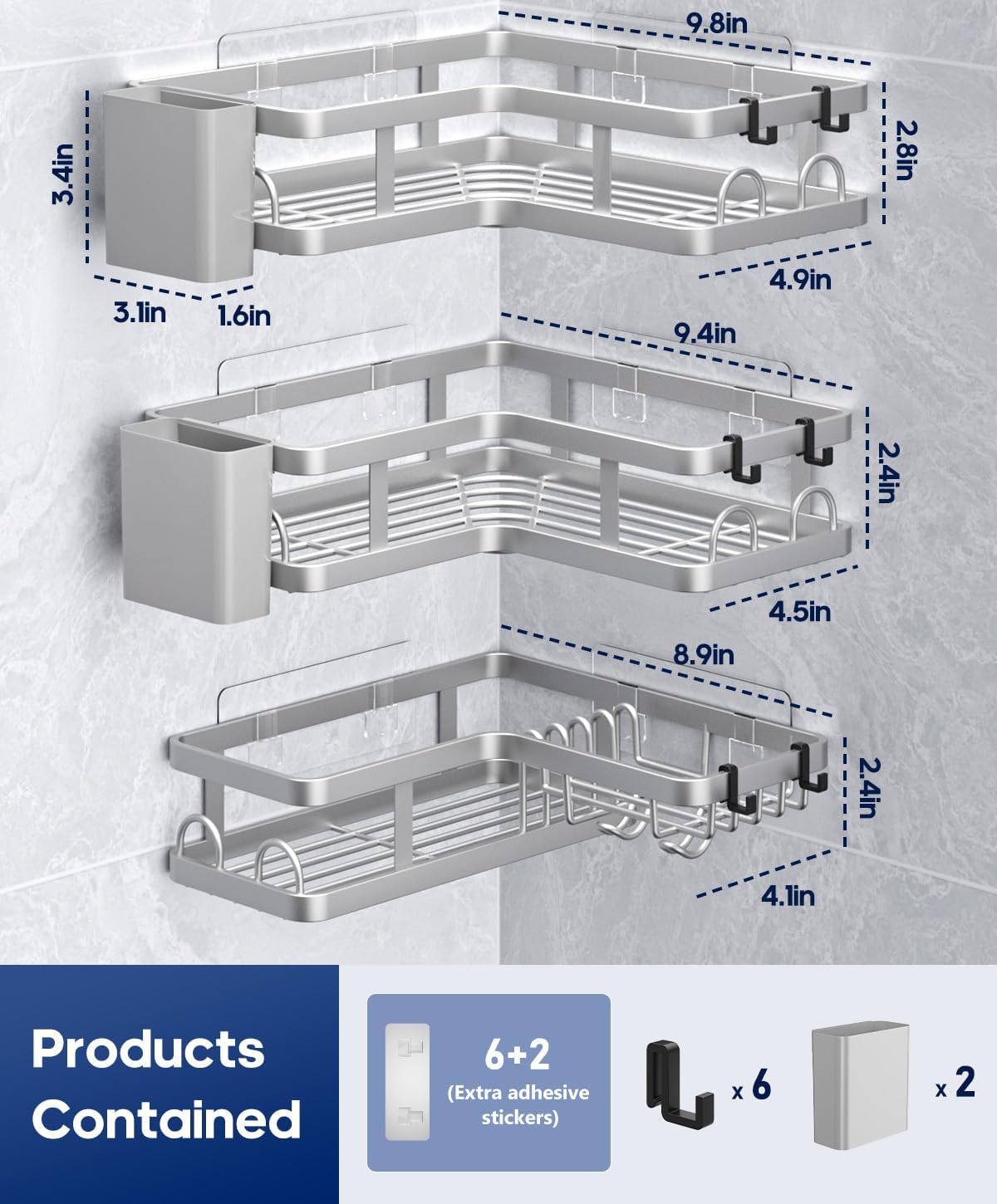 3 Pack Corner Shower Caddy Organizer, Rustproof Corner Shower Shelves, No Drilling Bathroom Corner Shelf with Hooks and Toothpaste Holder - Image 8