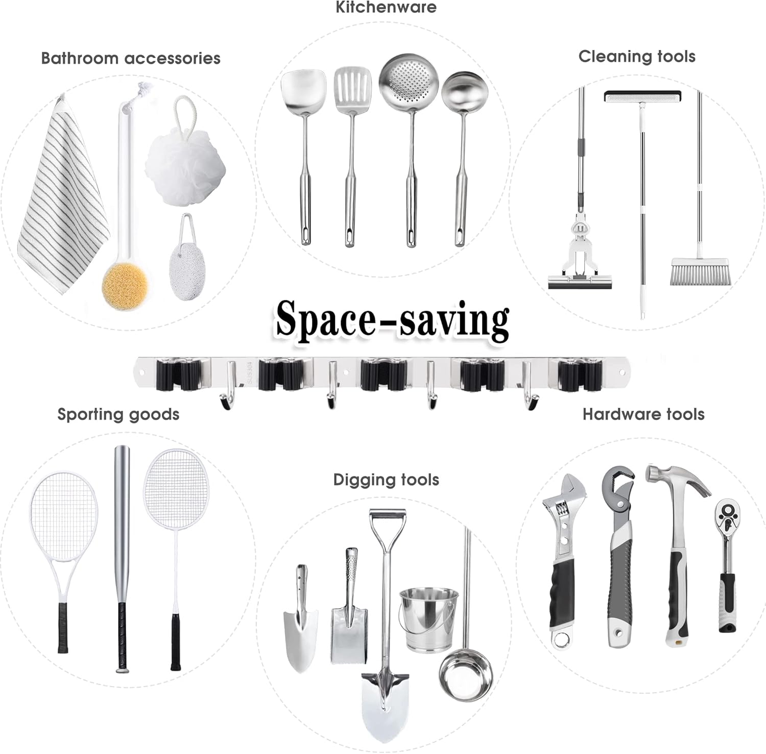AceMining 5 Racks and 4 Hooks Mop and Broom Holder Wall Mount, Broom Organizer Storage Tool Racks Stainless Steel Heavy Duty Hooks Self Adhesive Solid Non-slip for Home Kitchen Garden Laundry Garage - Image 5