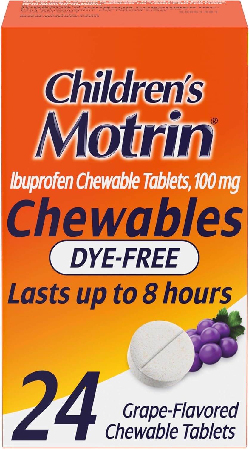 Motrin Children's Dye-Free Chewable Tablets with Ibuprofen, Kids' Fever Reducer & Pain Reliever for Sore Throat, Fever, Toothache & Pain Relief, Grape Flavor, 24 Ct - Image 2