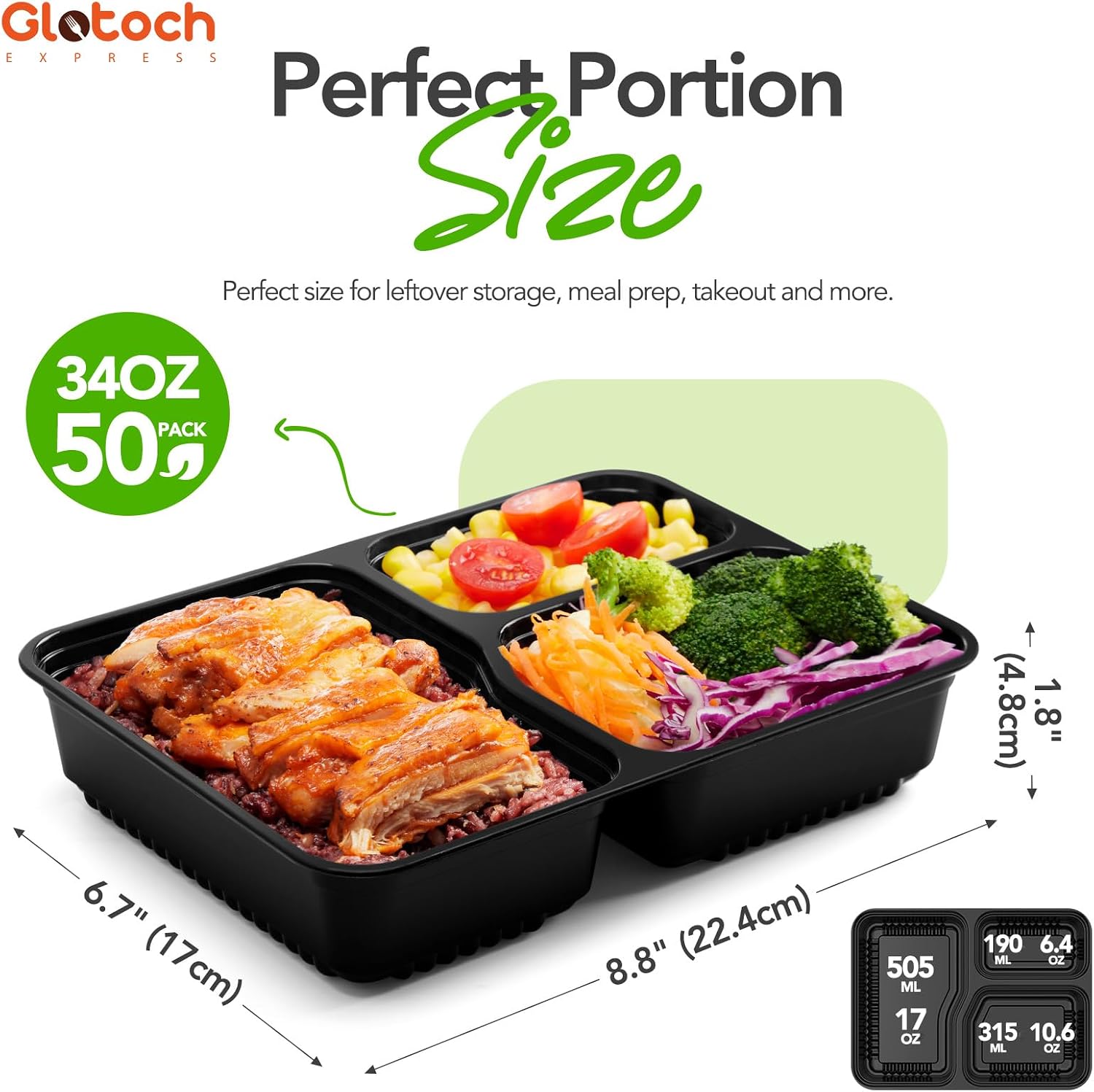 Glotoch 50 Pack (100-Piece) 34oz Meal Prep Containers Reusable with Lids 3-Compartment Containers Microwave, Freezer, Dishwasher Safe - Leakproof Durable To Go Take Out Plastic Food Storage - Image 4
