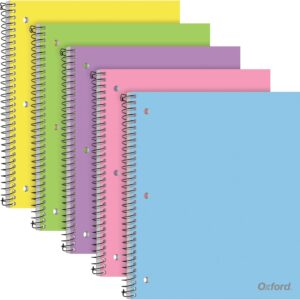 Oxford 1 Subject Spiral Notebook, Notebooks for School, Plastic Covers, School Supplies, College Ruled, 100 Sheets, 5 Pack, Assorted Pastel Colors: Blue, Green, Yellow, Pink and Purple (1009291)