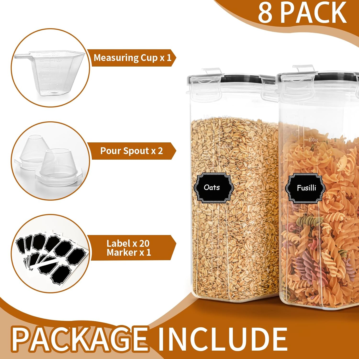 Cereal Containers Storage Set (4L / 135.2oz), 8PCS Airtight Food Storage Containers with Lids, Cereal Dispensers for Kitchen Pantry Organization and Storage with Pour Spout, 20 Labels, Marker - Image 4