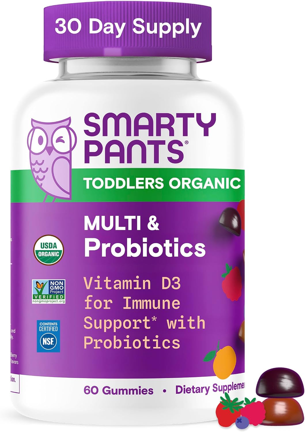 SmartyPants Organic Toddler Multivitamin Gummies: Probiotics, Omega 3 (ALA), Vitamin D3, C, Vitamin B12, B6, A, K & Zinc, Beta Carotene, Gluten Free, Three Fruit Flavors, 60 Count (30 Day Supply) - Image 2
