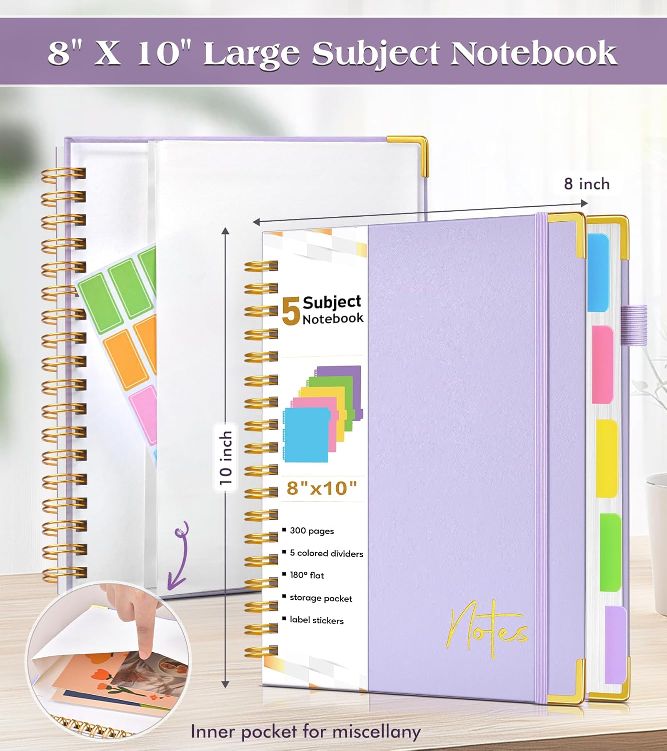 Spiral Notebook Journal with Removable Dividers Tabs, 300 Pages Hardcover Leather 5 Subject College Ruled Notebook, 8"x10" Large B5 Lined Journal for Women Men, Spiral Notebooks for Work School,Purple - Image 4