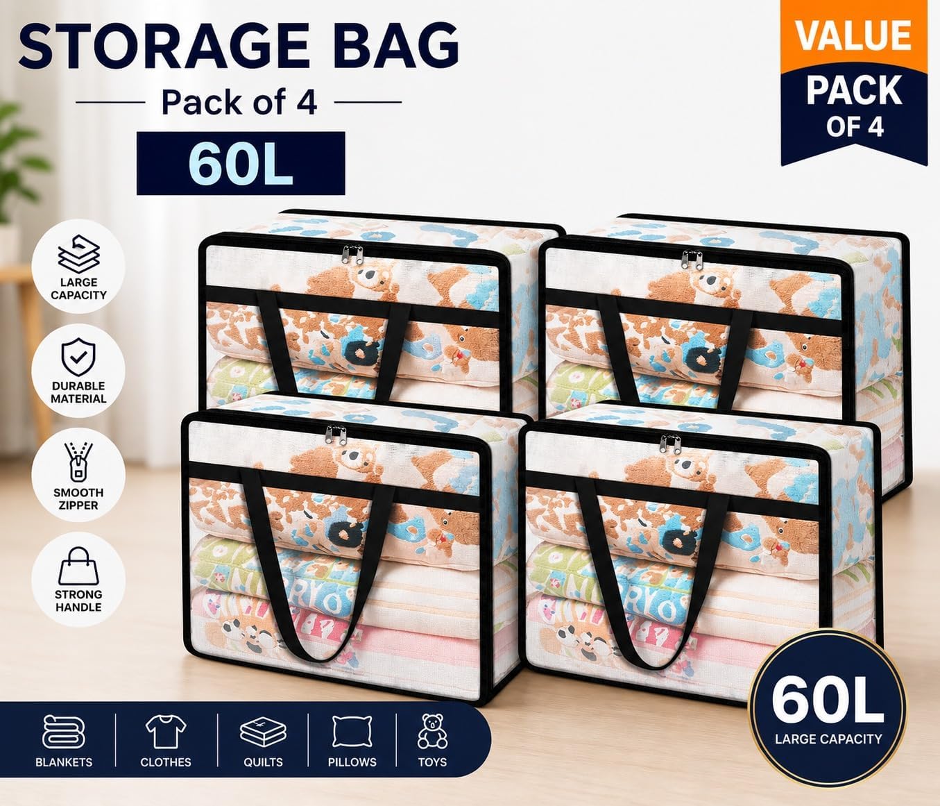 Storage Bag Zipper & Handles, Sturdy & Durable Cloth Storage Bags totes for storage Bins 60L Extra Large Plastic Moving Closet Organizer (4pcs) - Image 8