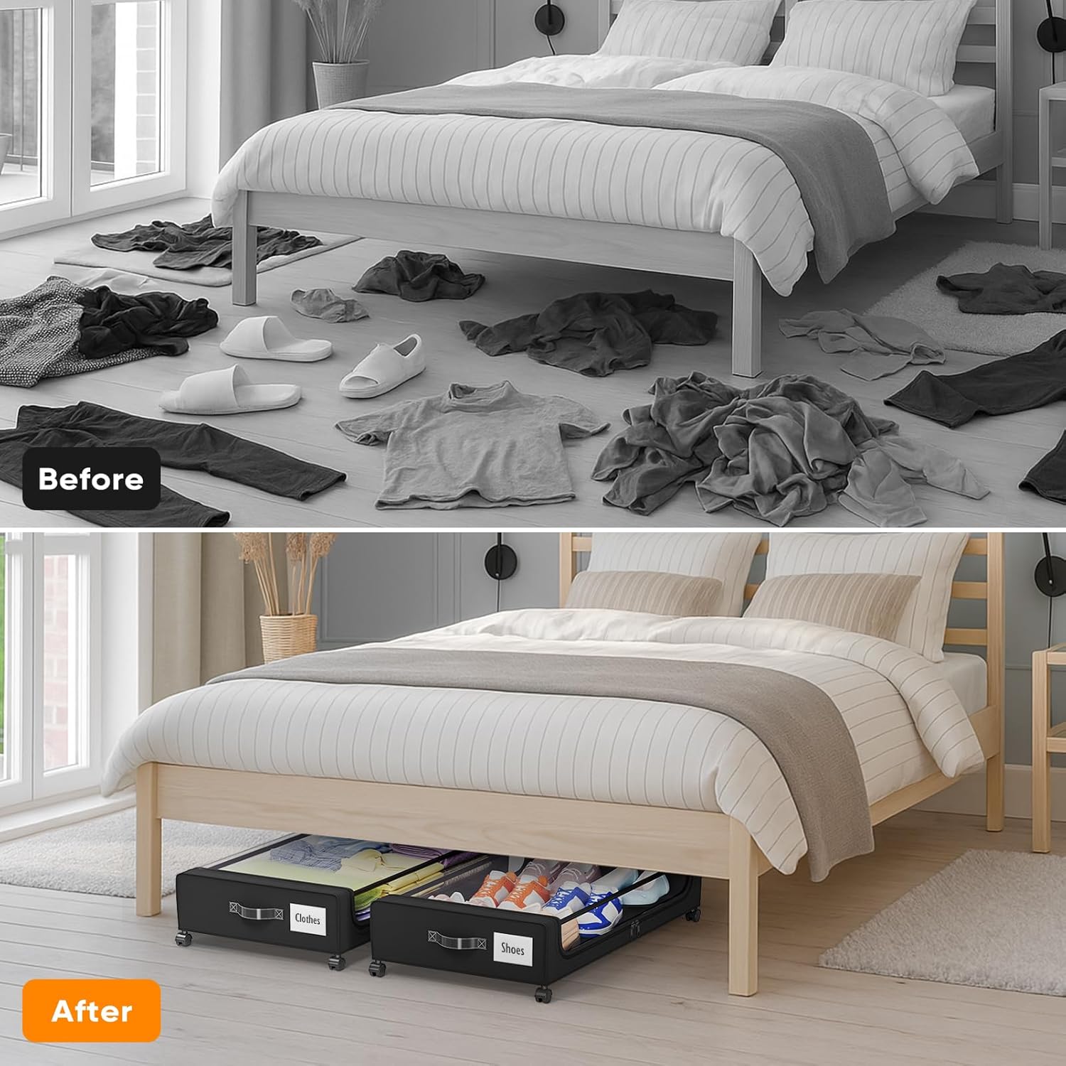 Camkey® Under Bed Storage with 360° Wheels, 2-Pack, 60L Low-Profile Rolling Underbed Bins for Clothes, Shoes, Toys & Books,Easy Pull-Out, Dust Protection, Space-Saving Organizer for Bedroom/Dorm,Black - Image 8