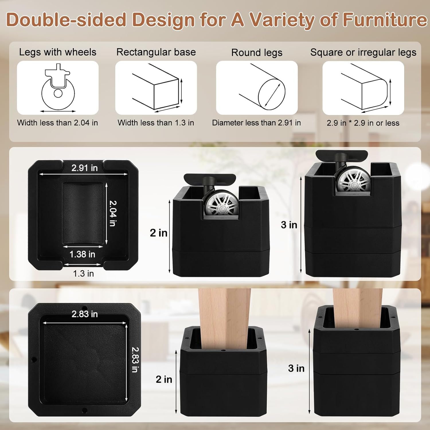 Bed Risers, Black, 3 Inch Height, Double-Sided Stackable Design for Different Furniture Legs and Wheels, 4 Pack (Black, 3 Inch) - Image 3