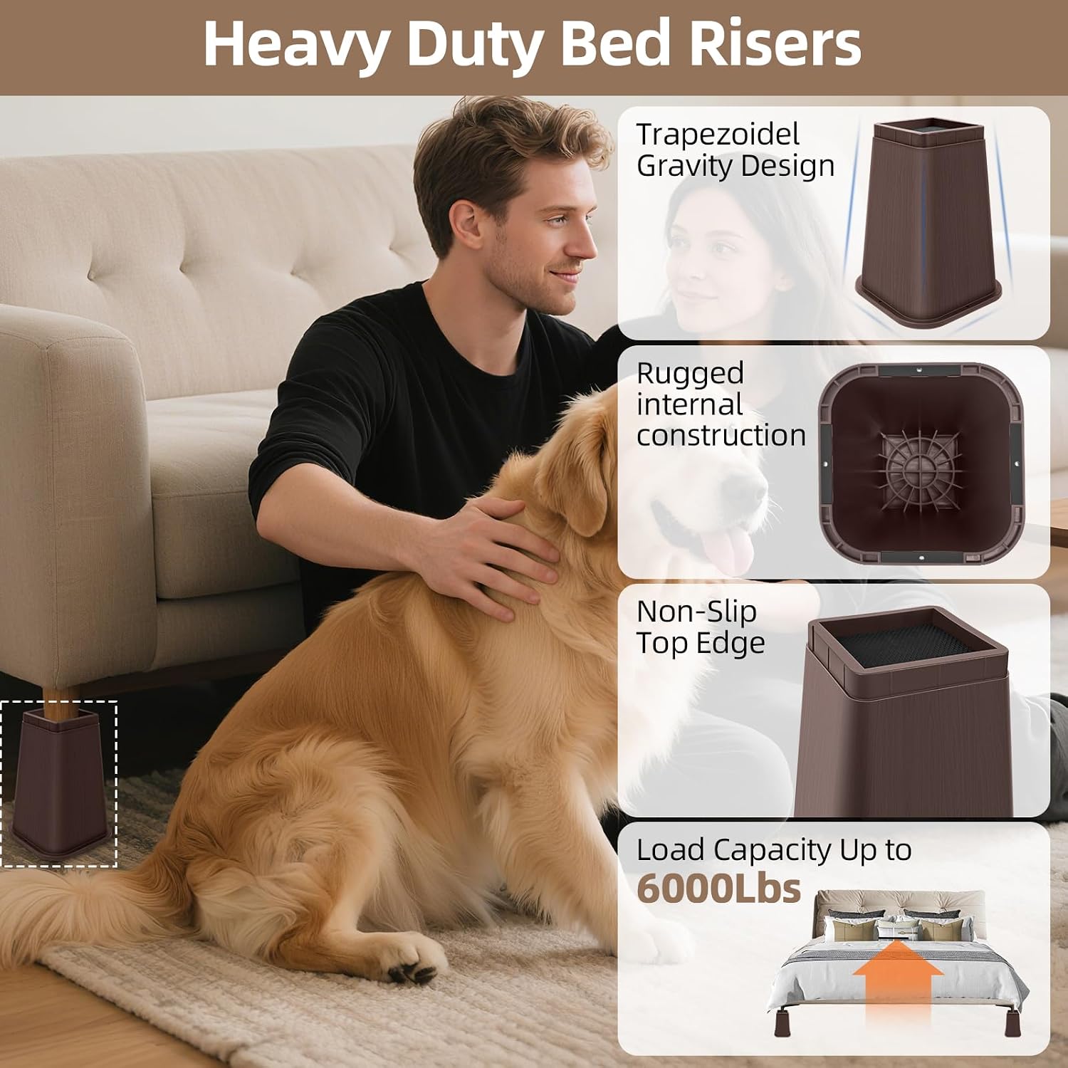 Bed Risers Heavy Duty, Adjustable Furniture Risers 8 inch, Non Slip Lift Supports for Beds/Couches/Sofas, Durable Square Design with Creates Storage Space (Brown 6 Pack, 8 Inch) - Image 7