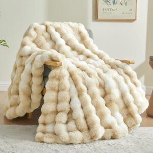 BEDELITE Faux Fur Throw Blanket for Couch, Decorative Tie-Dye Khaki Plush Bubble Blanket – Super Soft & Cozy Fluffy Faux Rabbit Fur Blanket for Women Gift, 60×80 Inches
