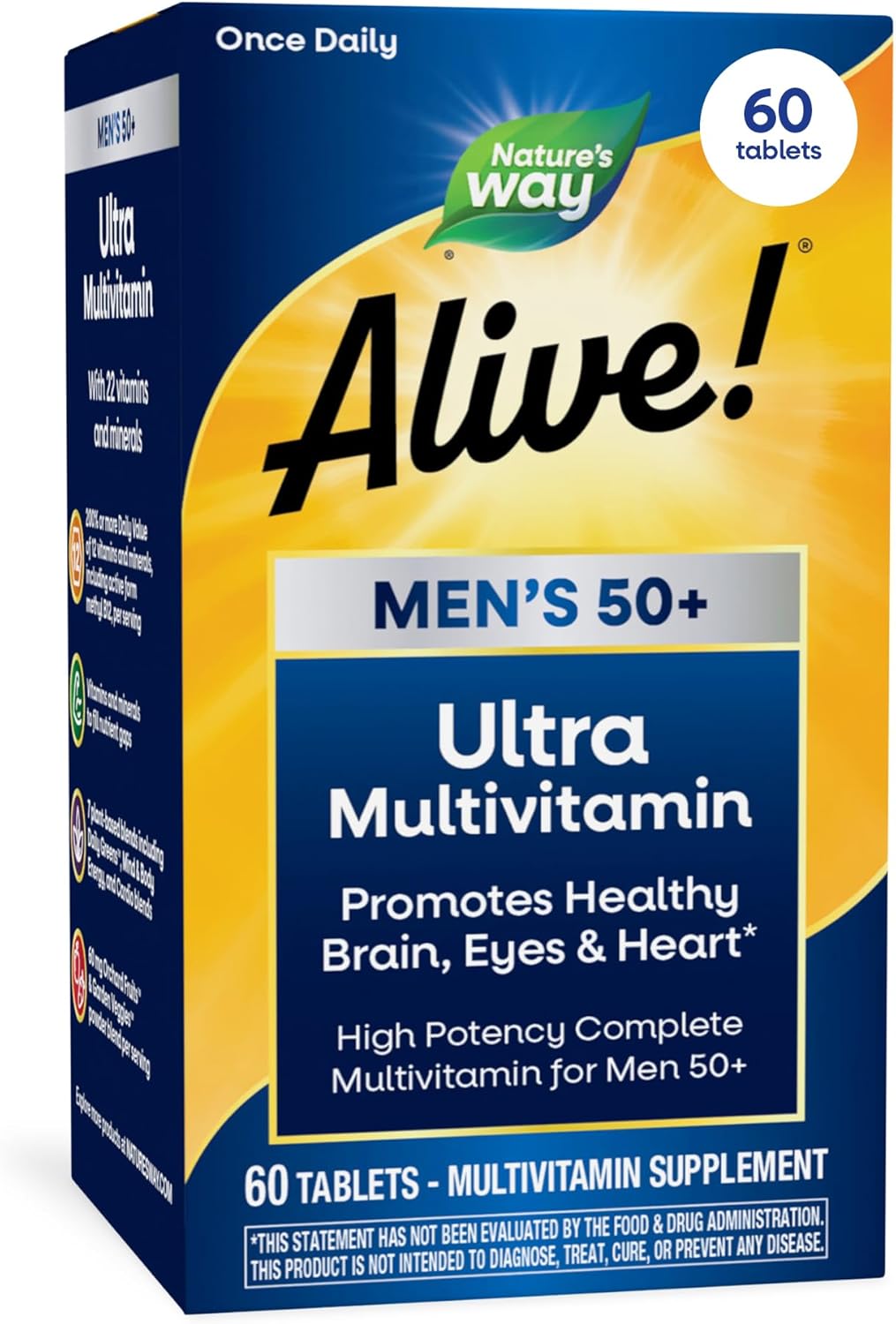 Nature's Way Alive! Ultra Potency Multivitamin for Men 50 Plus, Complete High Potency Formula with Vitamin D3, C, E, Methyl B12, Supports Cellular Energy, Heart, Brain, and Eye Health,* 60 Tablets - Image 2