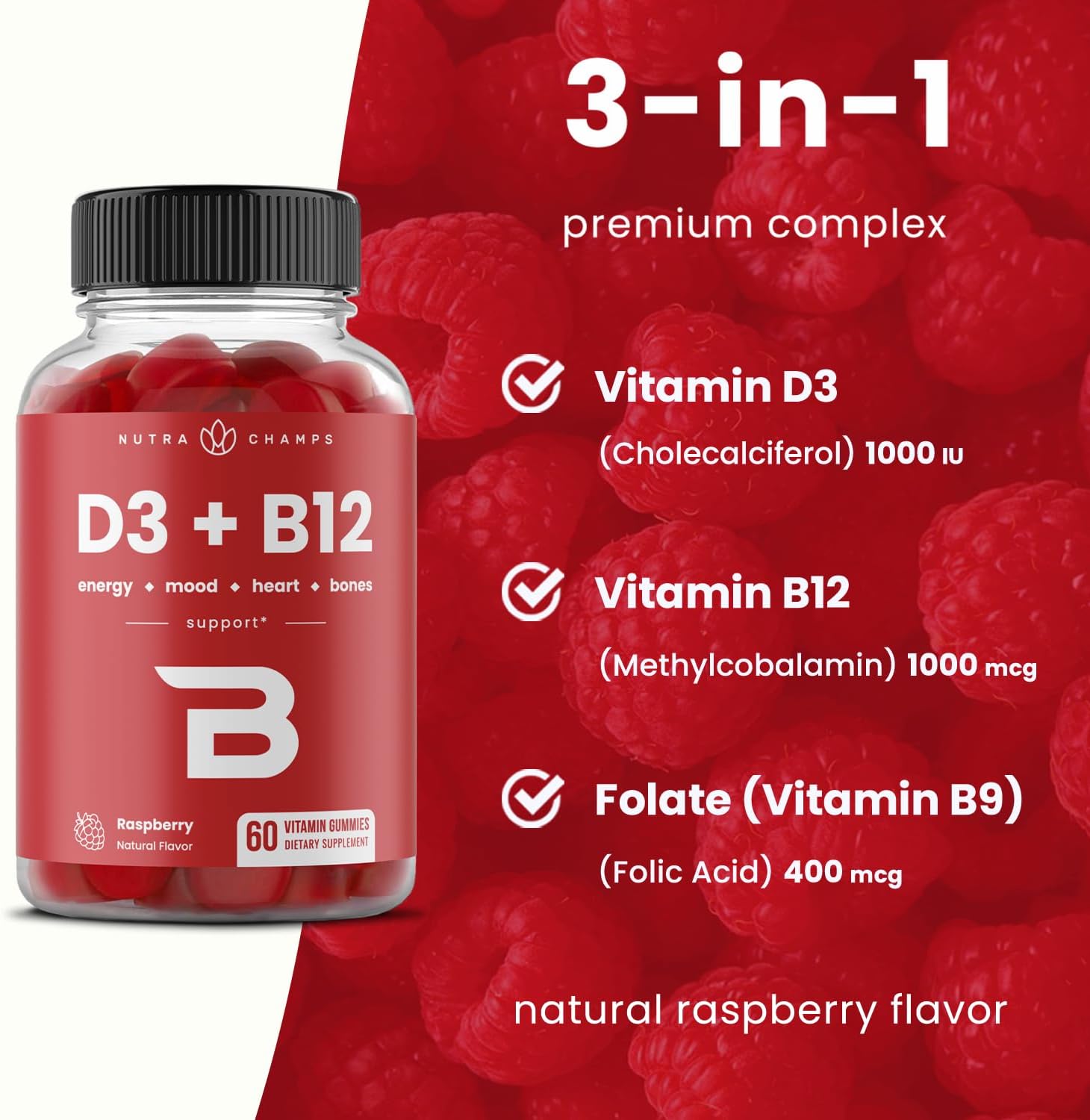 NutraChamps Vitamin D3 & B12, Methyl B12 Gummies for Adults & Kids, Enhanced with Vitamin D 3 & B9 Vitamin Folate, Natural Energy, Mood, Metabolism & Focus, Raspberry, 120 Gummies (Pack of 2) - Image 5