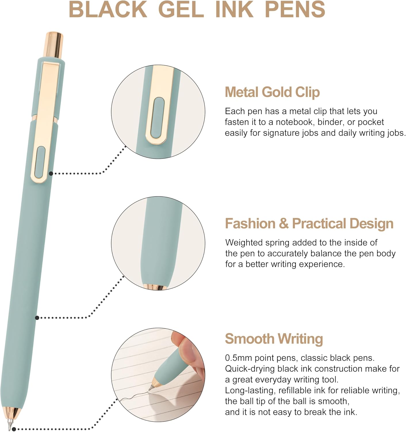 Linbsunne Gel Pens Black Ink Pens for Office 0.5mm Fine Point Pen Smooth Writing Retractable (Metal gold clip-10 pcs) - Image 4