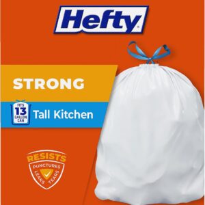 Hefty Strong 13 Gallon Trash Bags, Tall Kitchen Trash Bags, UnscentedLarge Trash Bags with Drawstrings, Durable Closure, Resists Leaks, Punctures, and Tears, White, Unscented, 90 Bags