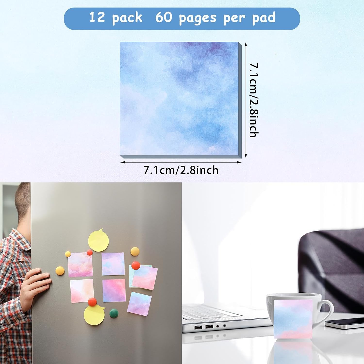 Outus 12 Pads 720 Sheets Gradient Watercolor Sticky Notes 2.8 x 2.8 Inch Cute Sticky Notes Bulk Fun Self Adhesive Memo Pads for Office School Classroom Home Students Teachers Gifts(Classic) - Image 4