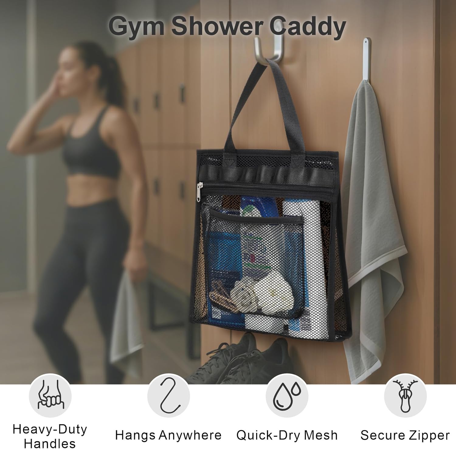 F-color Mesh Shower Caddy Portable Hanging - 3 Pockets Small Shower Bag Tote with Zipper Closure for Camping, Gym Lockers, Travel, Toiletry, Quick Dry Bathroom Essentials with S Hook, Black - Image 3