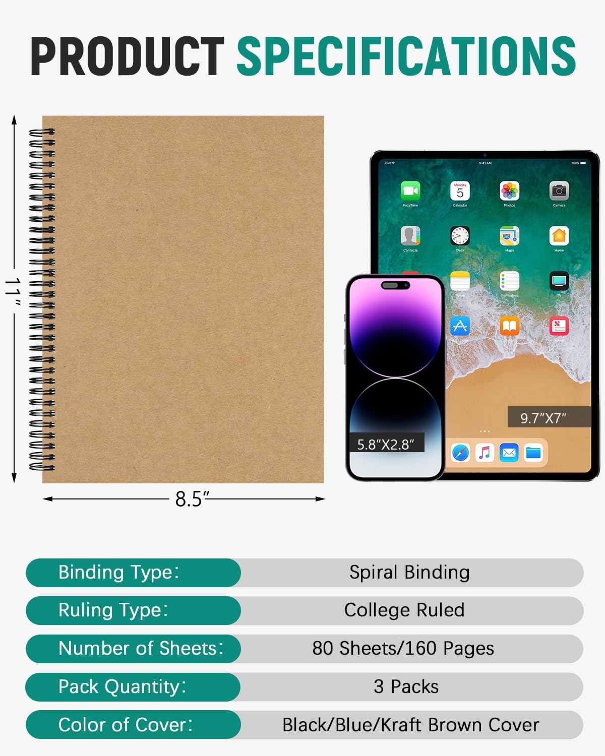 Dynta 3Packs Large Spiral Notebooks 8.5 "x 11" Lined College Ruled Journals for Work, School, Good for Students and Office, 160 Pages/80 Sheets with 100 GSM Lined Paper(3 Colors) - Image 2
