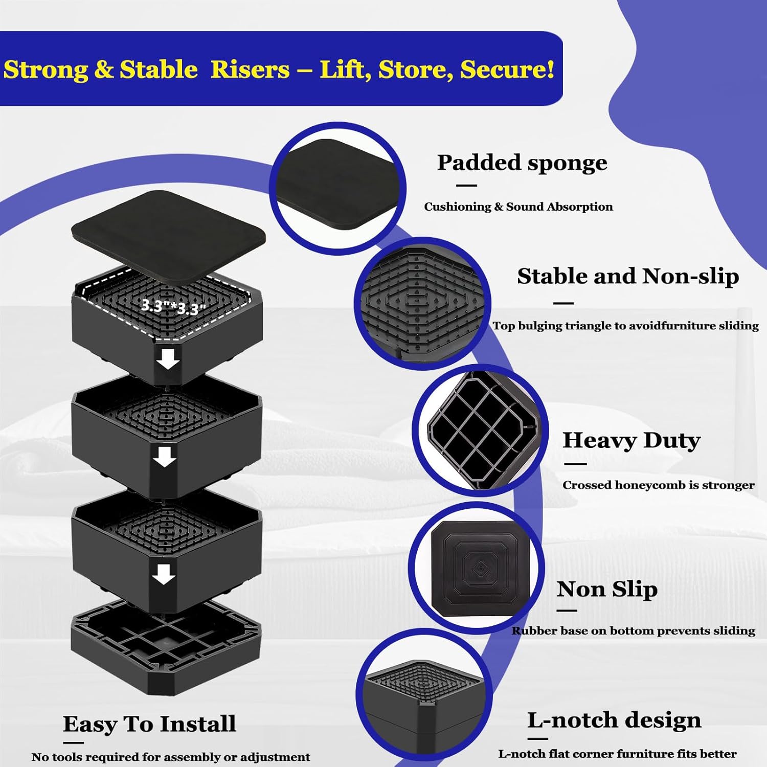 Bed Risers Heavy Duty, Adjustable Furniture Riser Blocks Lift 1.5, 3, 4.3 inches for Couch Table Desk Sofa Chair Legs, Refrigerator, Washing Machine - Support up to 4000 lbs (Black 4 Pack, 3 inch) - Image 4