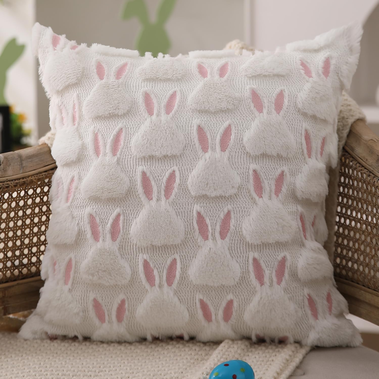 DFXSZ Easter Pillow Covers 18x18 inch Set of 2 Easter Decorations Pink Ears White Rabbit Soft Plush Faux Fur Jacquard Throw Pillows for Bedroom Sofa Holiday Festivals Home Decor FHJ-07D18 - Image 4