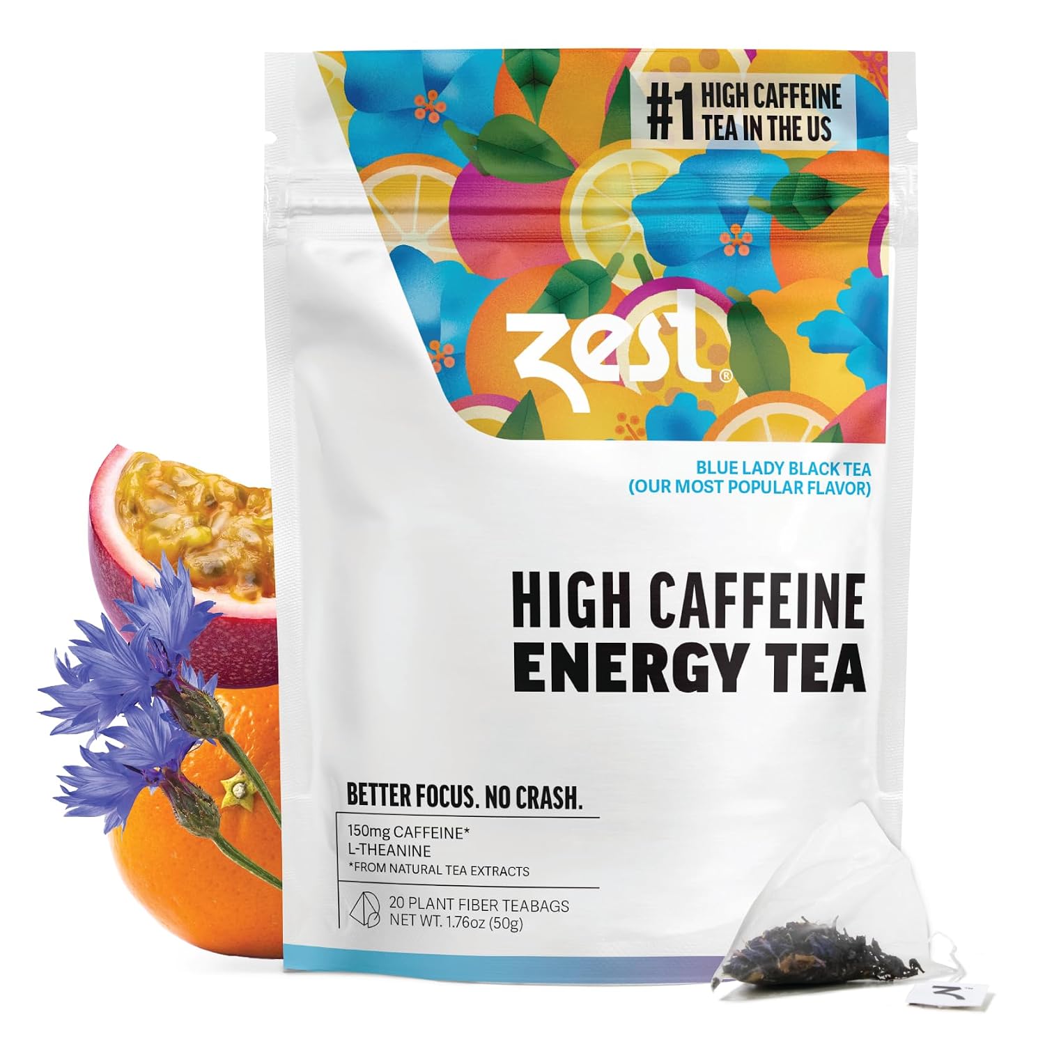 Zest Energy Tea Bags – Blue Lady Passion Fruit Black Tea – High Caffeine Tea for Morning Energy, Focus & Clarity – Natural Caffeinated Tea with 150mg Caffeine – 20Ct Pack – Non-GMO & Keto Friendly - Image 2