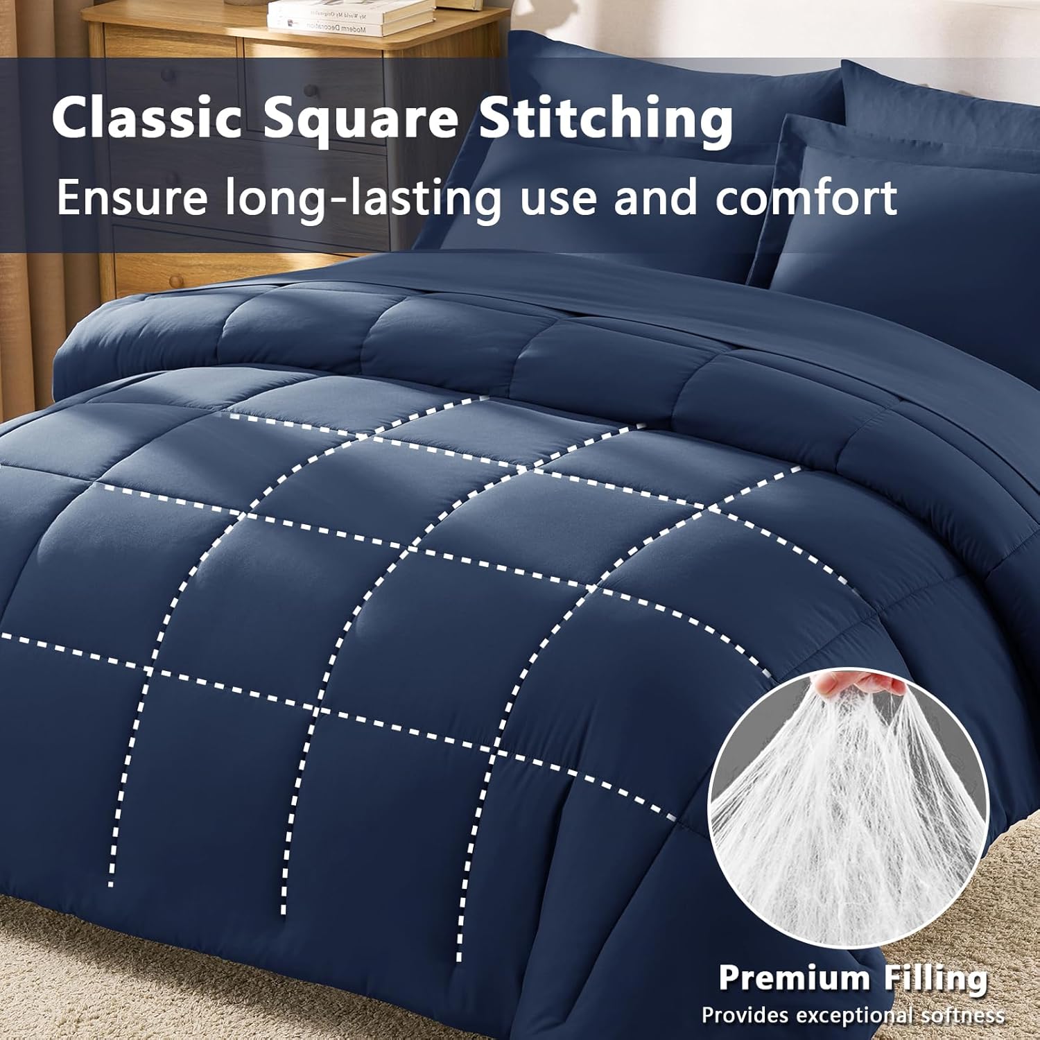 CozyLux Queen Comforter Set Navy Blue - 7 Pieces Bed in a Bag Queen, Oeko-Tex Certified Bedding Set, All Season Soft Bed Set with Down Alternative Comforter, Sheets, Pillowcases & Shams - Image 7