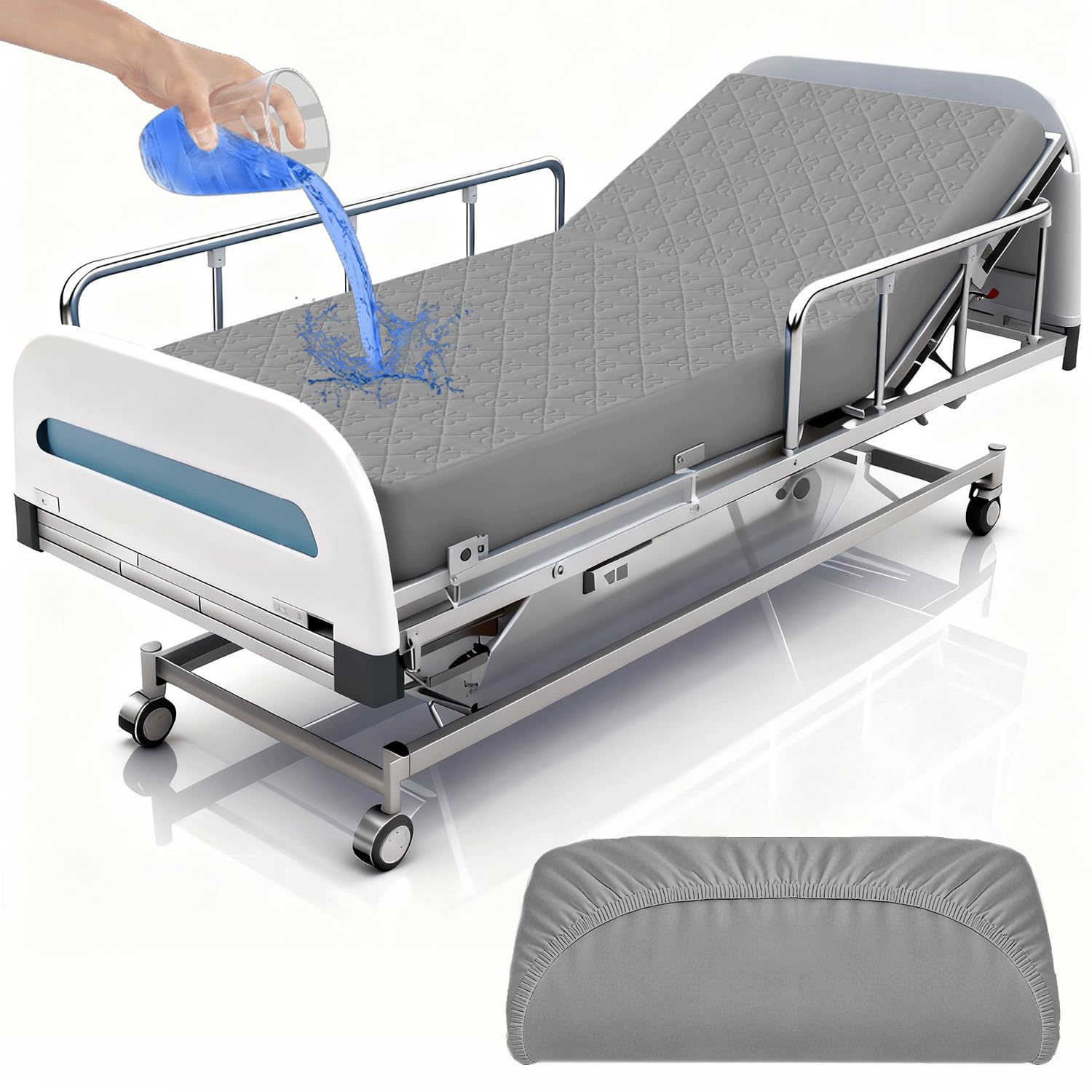 1 Pack Hospital Bed Sheets with Elastic All Around for a Perfect Fit, Waterproof Sheets for Hospital Bed at Home, Reusable and Machine Washable, 36" x 84" x 14" (Floral-Grey) - Image 2