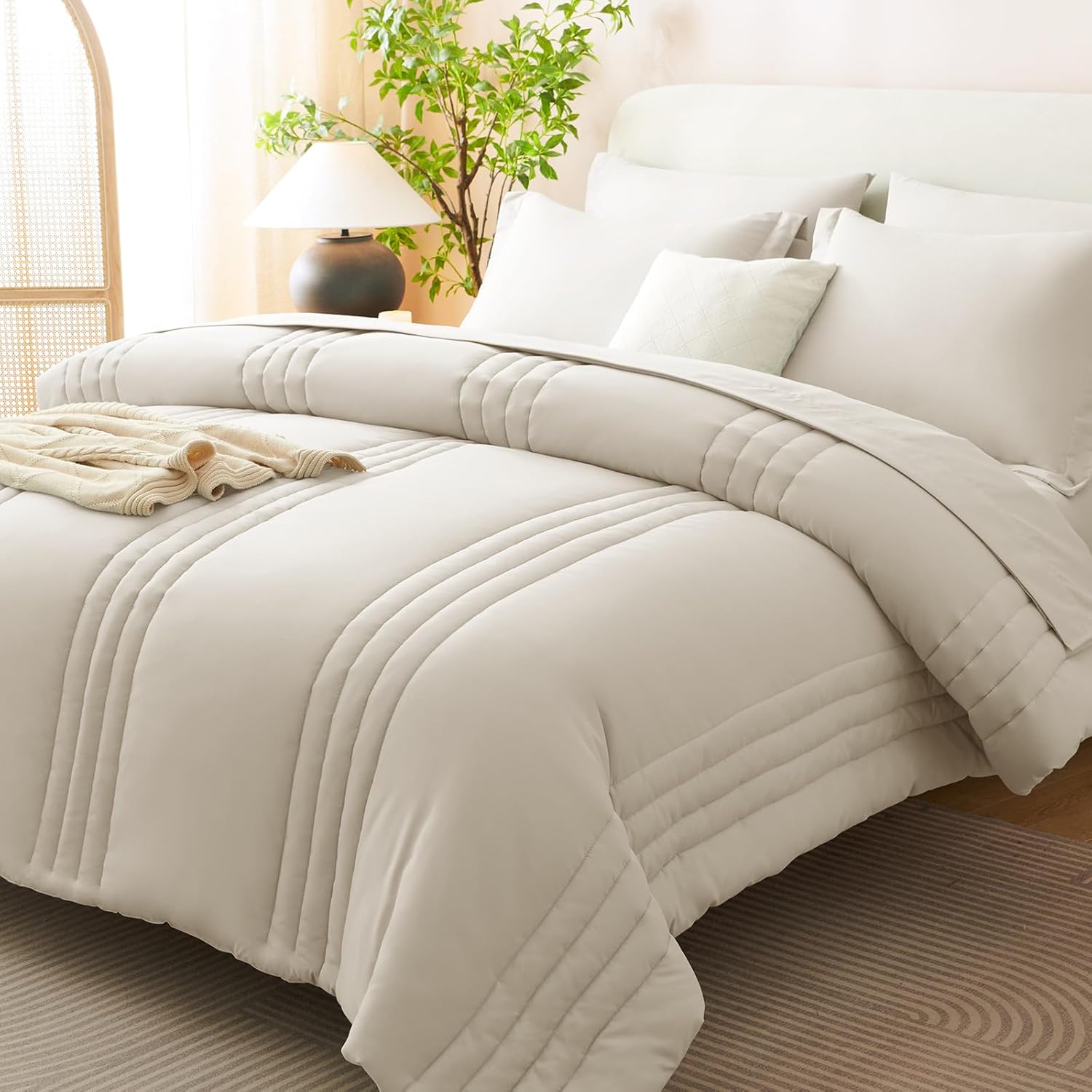 CozyLux Queen Comforter Set Beige - 7 Pieces Bed in a Bag, Modern Vertical Quilted Room Decor, Soft All-Season Bedding Gift with Comforter, Sheets, Pillowcases & Shams - Image 2