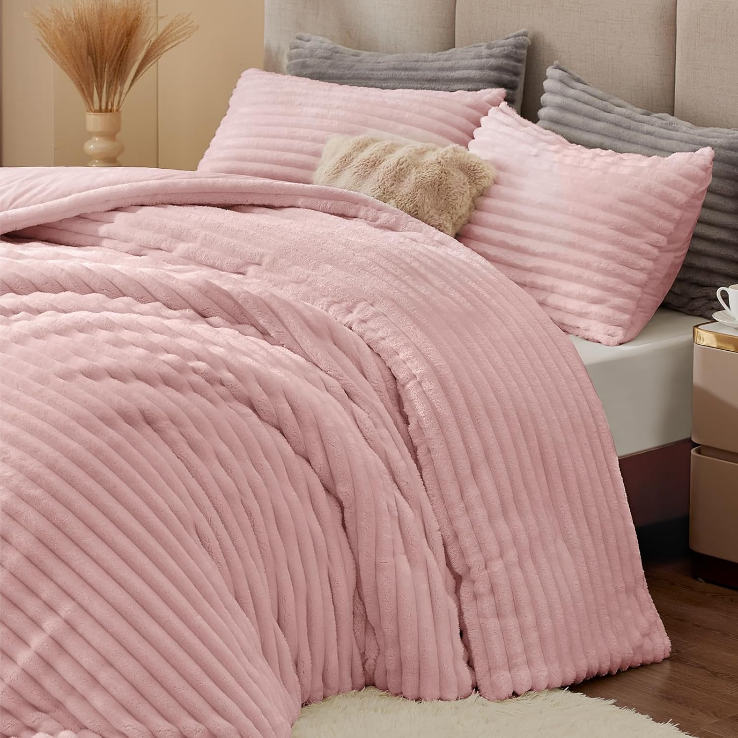 BEDELITE Fleece Queen Comforter Set -Super Soft & Warm Fluffy Pink Bedding, Luxury Fuzzy Heavy Bed Set for All Season with 2 Pillow Cases - Image 7