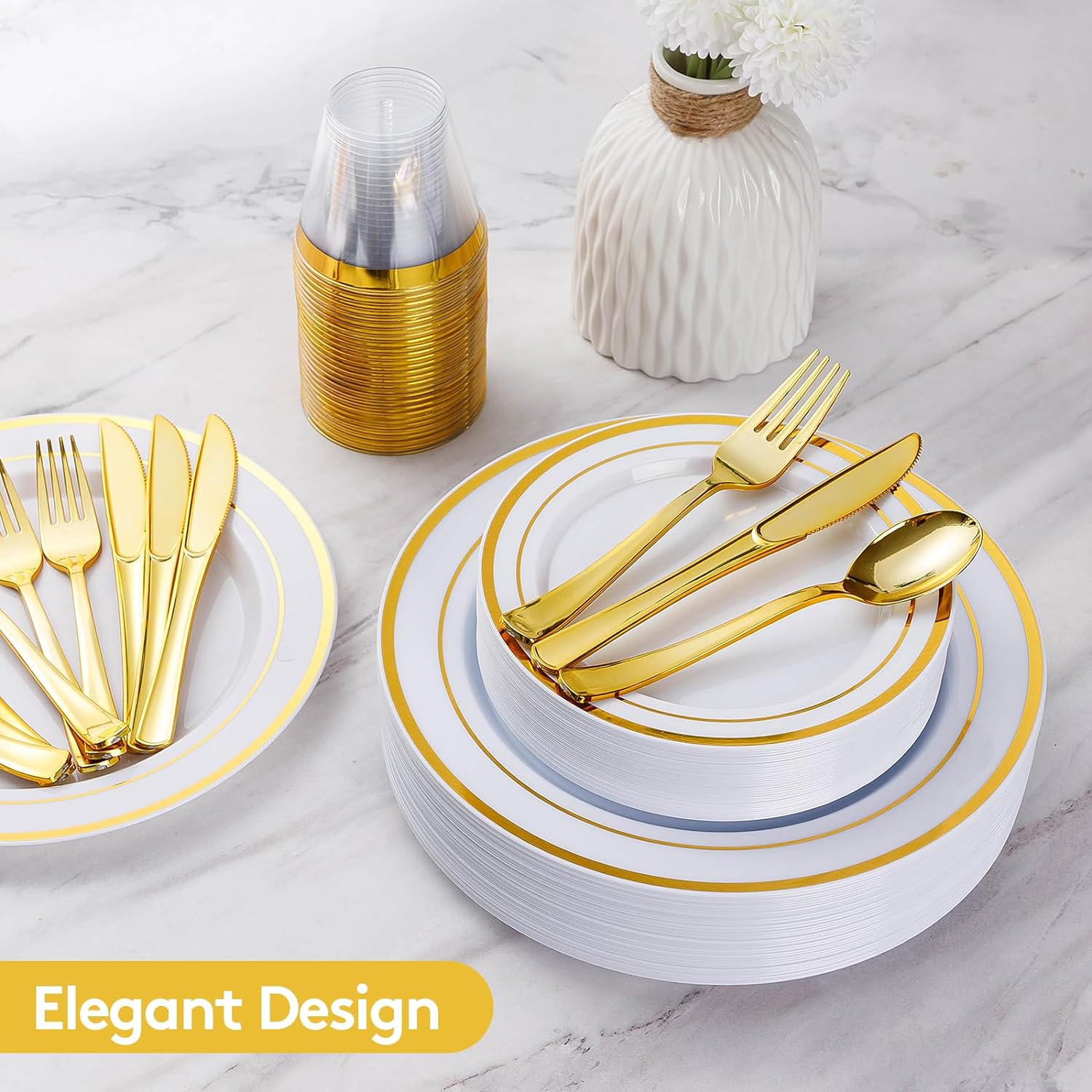 Goodluck 600 Pieces Gold Disposable Plates for 100 Guests, Plastic Plates for Party, Dinnerware Set of 100 Dinner and 100 Dessert Plates, 100 Spoons, 100 Forks, 100 Knives, 100 Cups - Image 5