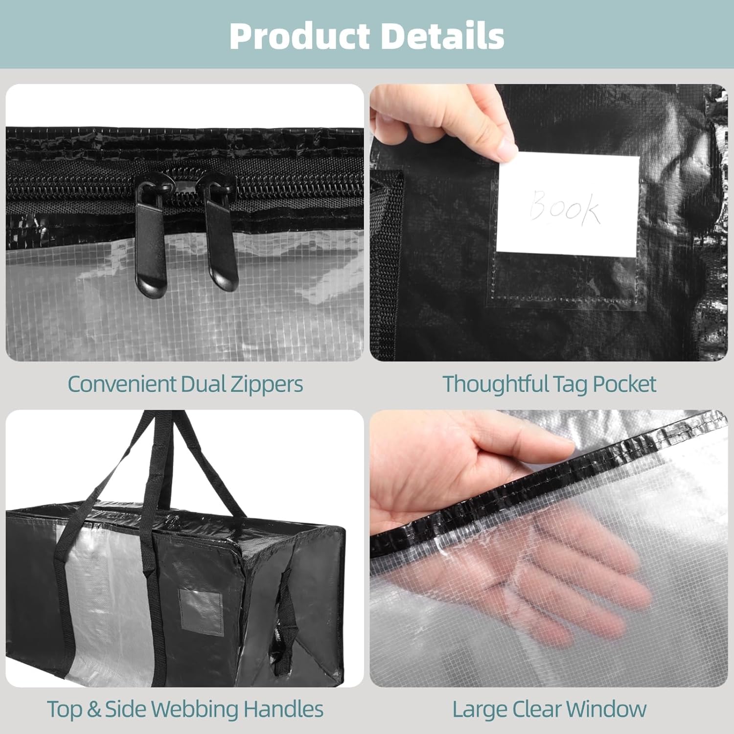 6 PCS Large Dorm Moving Bags, Waterproof Woven Bag with Clear Window & Reinforced Handles, Zippered Storage Tote for Clothes, Bedding, Moving Supplies - Image 4