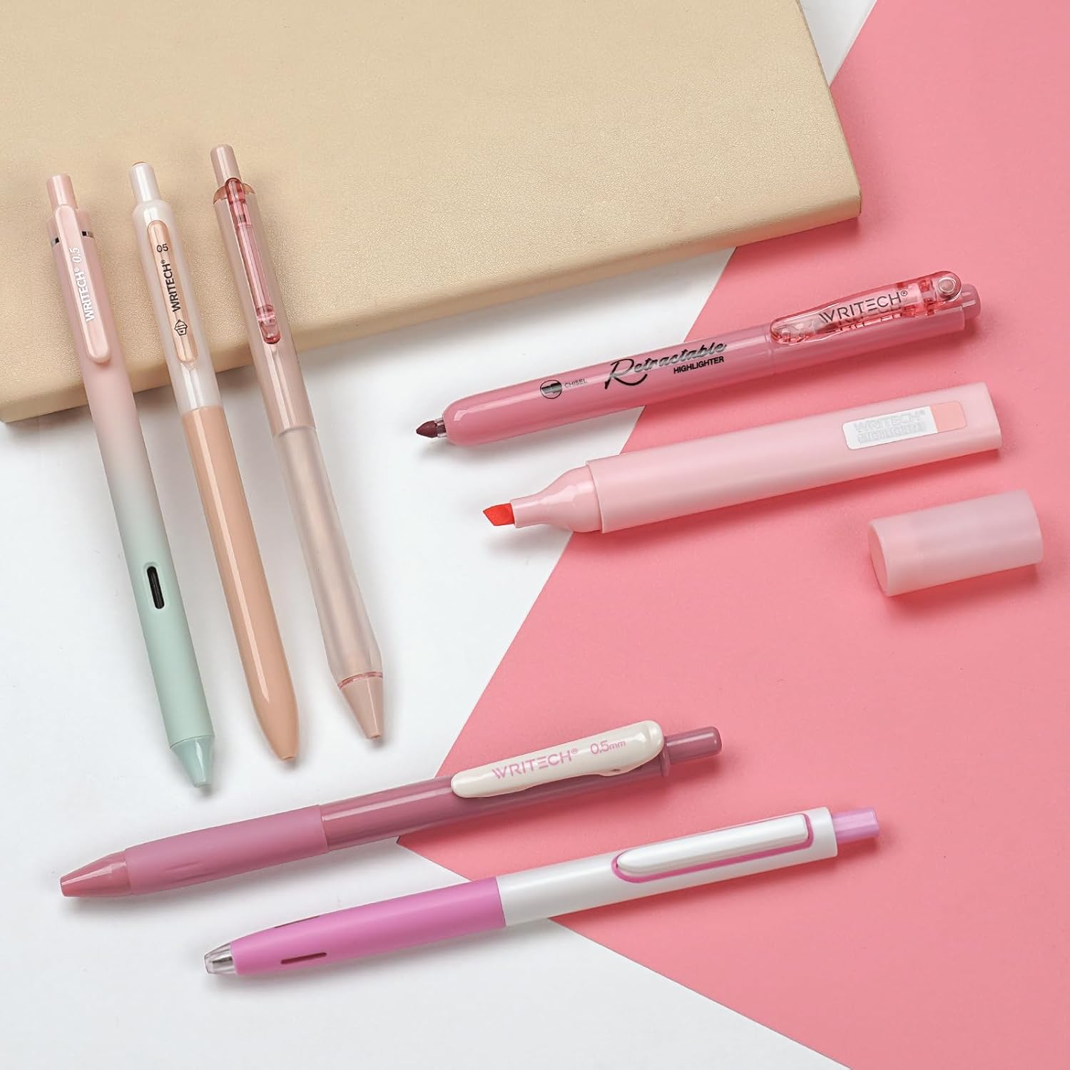 WRITECH Gel Pens Journaling Highlighters: Journal Set Aesthetic Assorted Pastel Color Ink 0.5mm Fine Point Retractable 0.7mm Black Pen Smooth Writing Drawing No Bleed 7ct (Pink) - Image 6