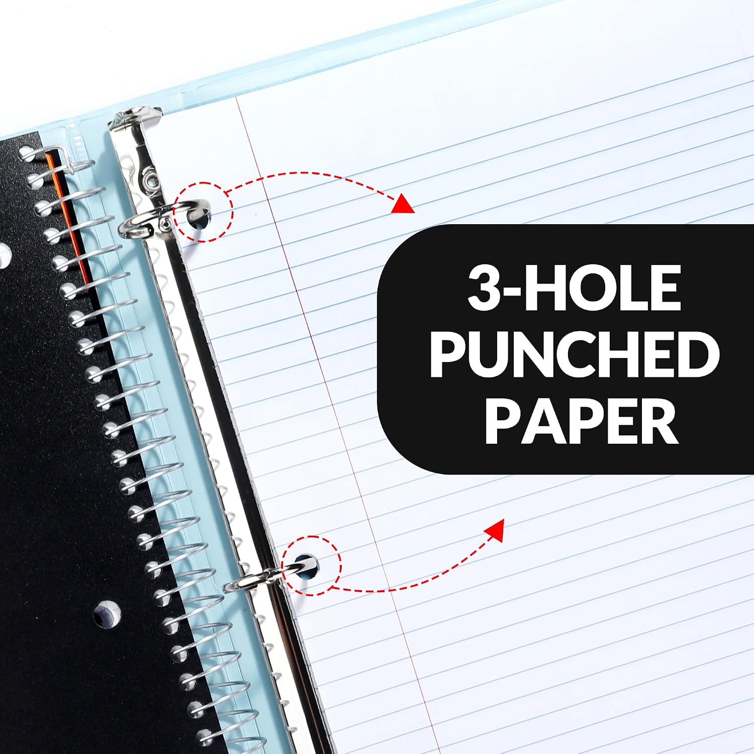 SUNEE 5 Subject Notebook College Ruled - 400 Pages, 9"x11", 5 Pocket Colored Dividers, 3-Hole Punched Paper, Black - Image 8