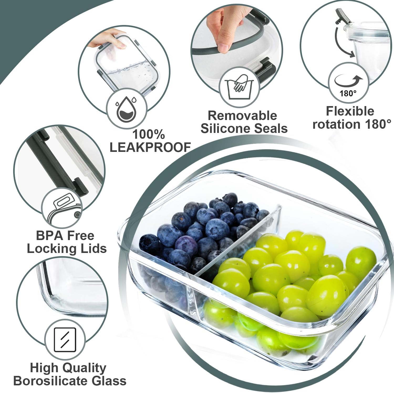 VERONES 10 Pack Glass Meal Prep Containers 2 Compartment Set, 30 OZ Airtight Glass Lunch Containers, Glass Food Storage Containers with Lids, for Microwave, Oven, Freezer & Dishwasher Friendly,Grey - Image 6