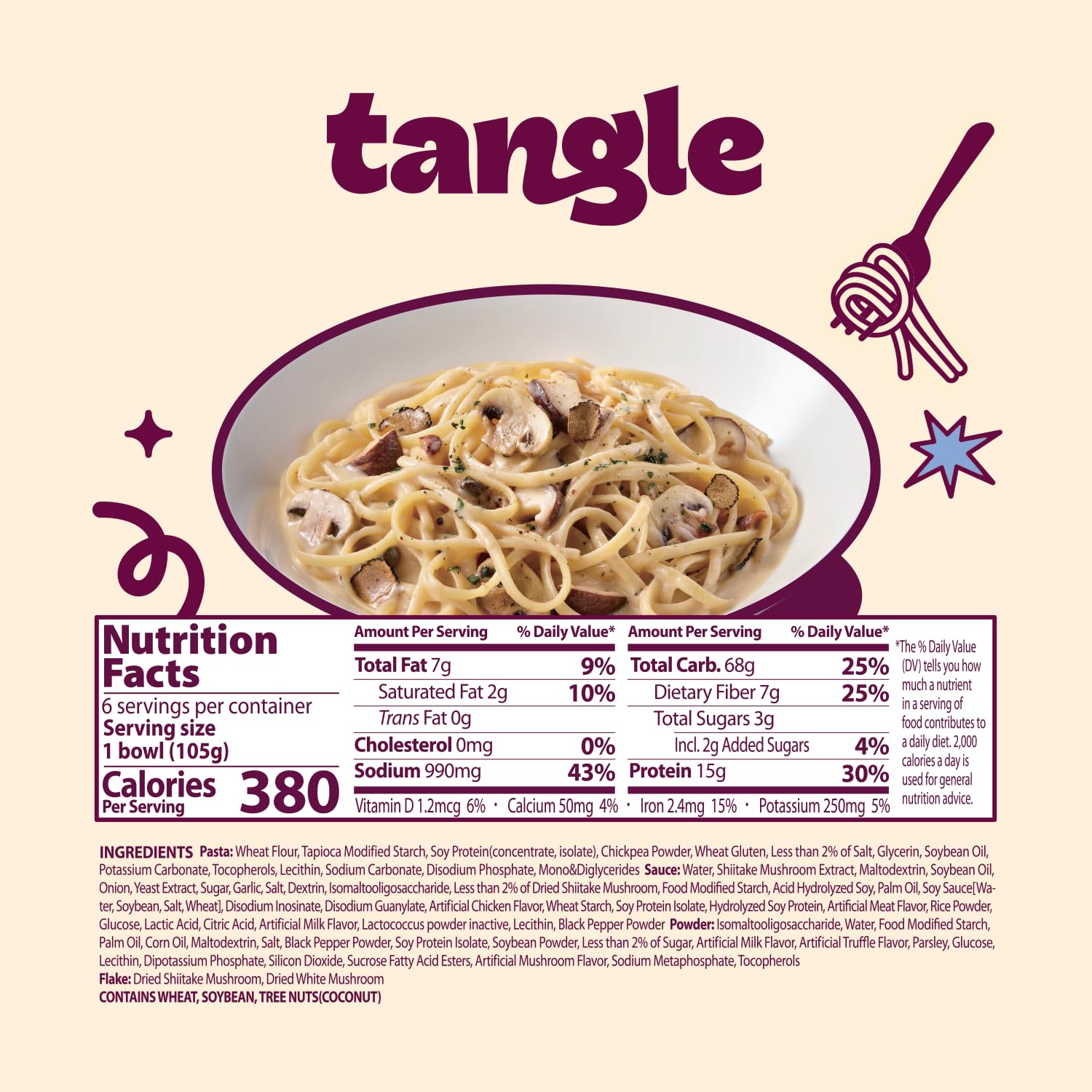 Samyang Tangle Creamy Mushroom Linguine Truffle and Shiitake Flavor Savory Non-Spicy Sauce Air Dried Noodle Quick Microwave Meal 3.70 oz (Pack of 6) - Image 3