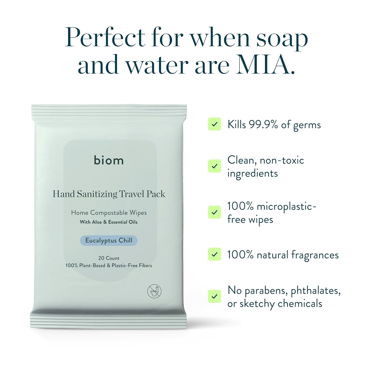 Biom Hand Sanitizing Wipes - Travel Size 10 pack(200 Wipes) 65% Ethanol Alcohol, Kills 99.9% of Germs, Removes Dirt & Grime, Made of Plant-Based & Plastic Free Fibers, Hypoallergenic -Eucalyptus Chill - Image 3