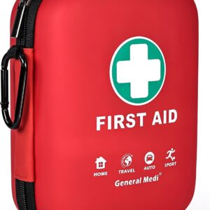 General Medi First Aid Kit – 170 Pieces Hard Case and Lightweight – Great for Travel, Home, Office, Vehicle, Camping, Workplace & Outdoor (Red)