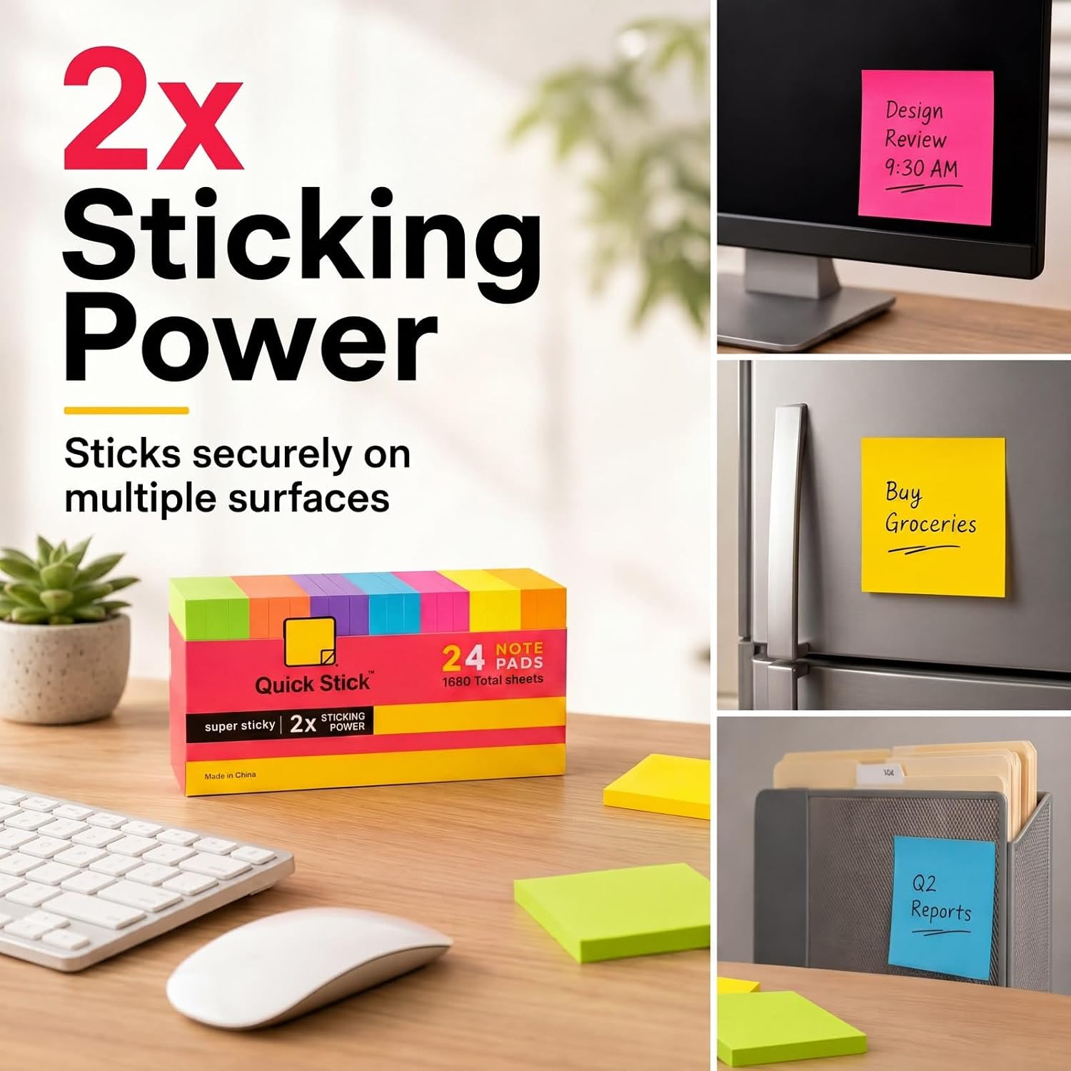 Sticky Notes, 24 Pads, 1680 Sheets Total, 3x3 in Bright Neon Colors, 2X Super Sticky Self-Stick Note Pads for Office, School, Home, Bulk Pack 70 Sheets Per Pad, Strong Hold Memo Notes - Image 9