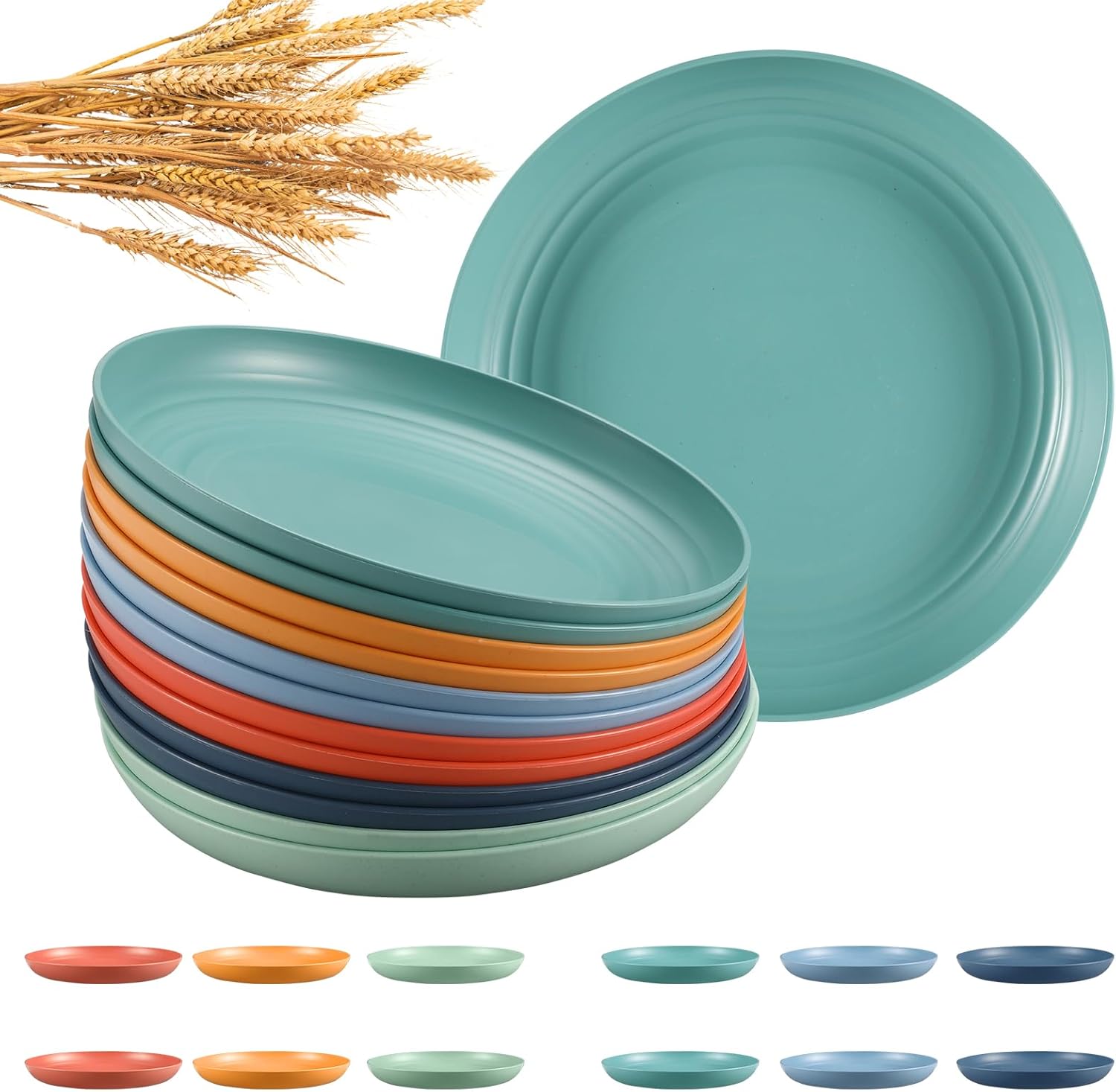 HEYCOME 12 Pcs Unbreakable Deep Dinner Plates Set, 10 inch Reusable Plastic Wheat Straw Plates, Microwave and Dishwasher Safe Plate for Kitchen, Lightweight Plate for Dessert, BPA Free, 6 Colors - Image 2
