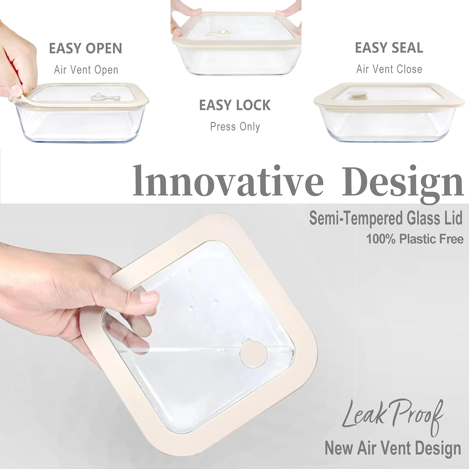 Urban Green Glass Food Container Set with Glass Lid, 6 Pack, Food Storage Containers Set, Airtight, LeakProof, Micowave Safe, 100% Plastic Free, Meal Prep Containers (White Color) - Image 3