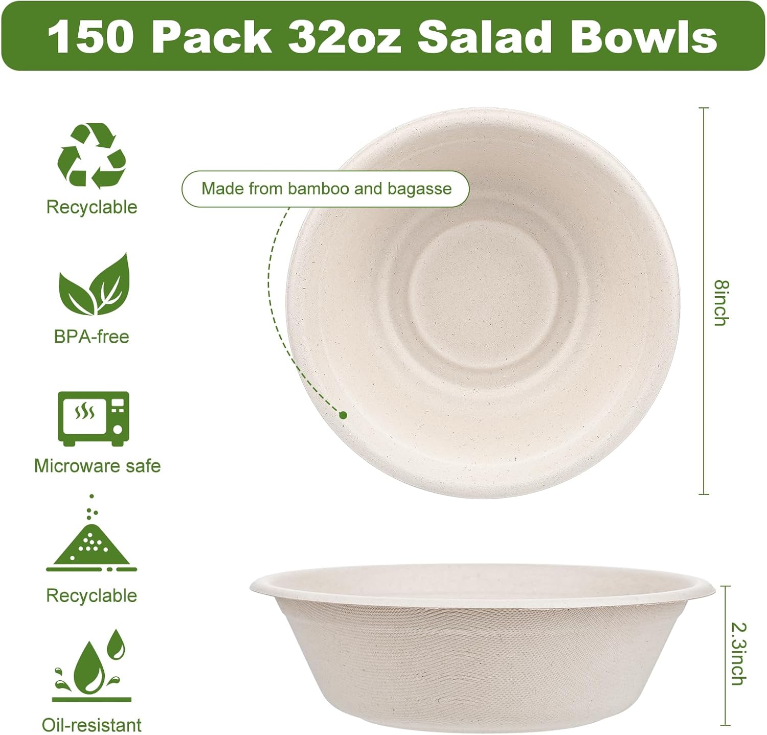 Large Disposable Paper Bowls-32oz for Hot Soup,150 Pack Eco-Friendly, Compostable Bagasse Disposable Heavy Duty Biodegradable Bowls Bulk for Hot Food, Salad, Milk Cereals - Image 6