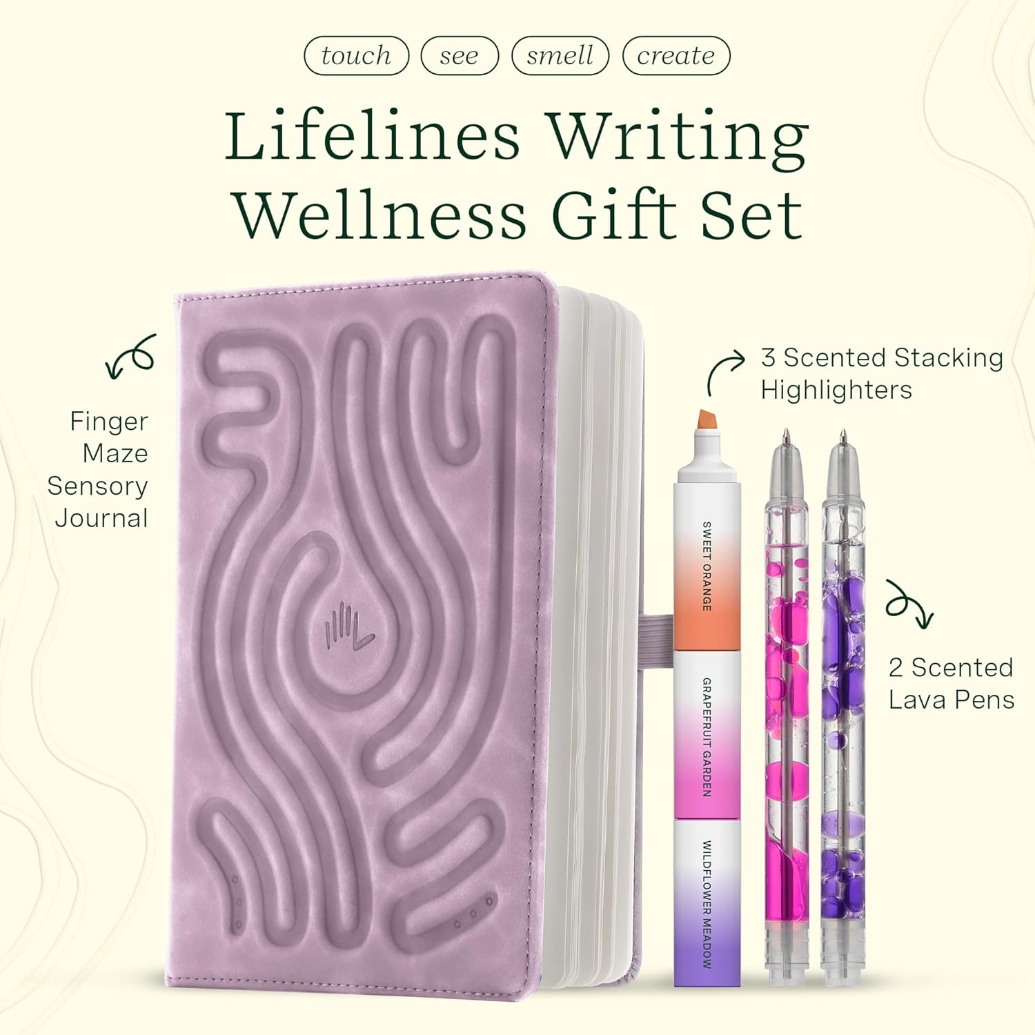 Lifelines Writing Wellness Gift Set - Scented Writing Set Includes Finger Maze Sensory Journal, 3 Scented Stacking Highlighters & 2 Lava Gel Pens - Aromatherapy & Sensory Immersion - Image 2