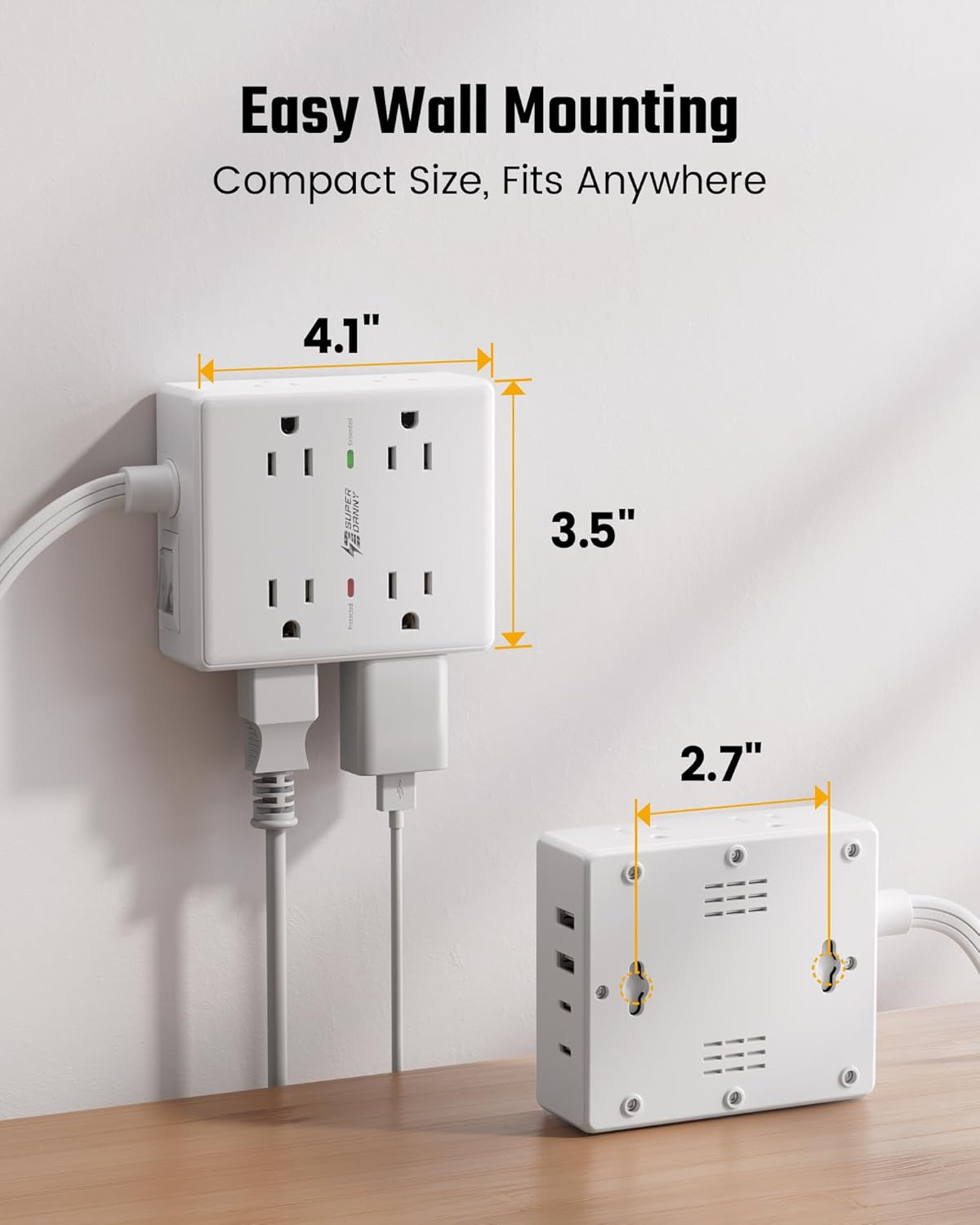10Ft Extension Cord with Multiple Outlets, Flat Plug Surge Protector Power Strip 10 Ft Long Cord, 8 Outlets & 4 USB Ports (2 USB C), Desk Charging Station for Home Office, College Dorm Room Essentials - Image 7