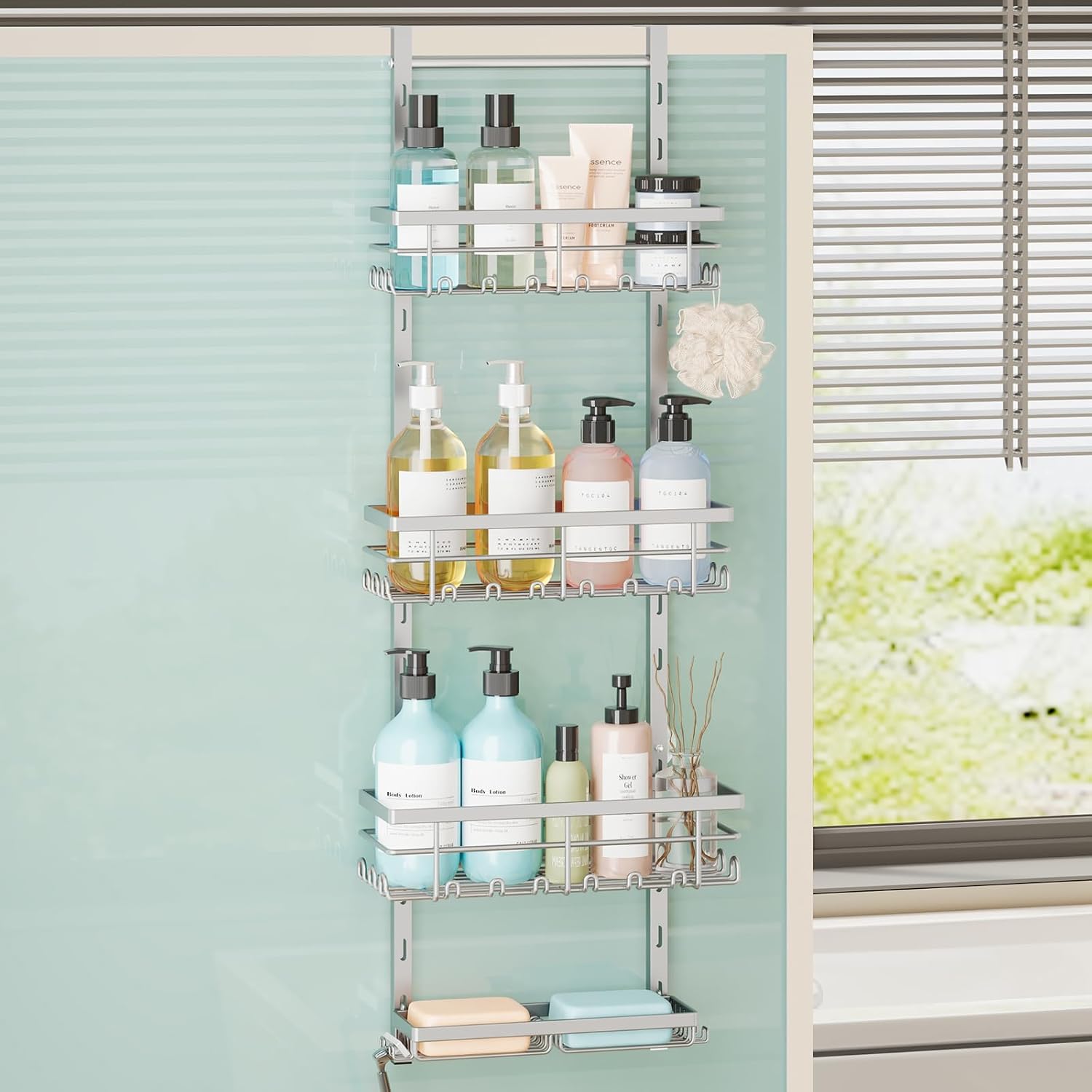 SWTYMIKI Over The Door Shower Caddy - 4 Tier Rustproof Hanging Shower Organizer with Adjustable Shelves, 40 Hooks & Soap Holder, Hanging Shower Rack Storage for Bathroom Accessories, Silver - Image 2