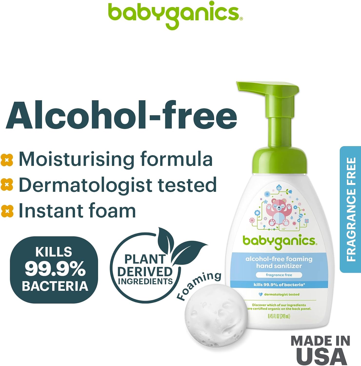 Babyganics Alcohol-Free Foaming Hand Sanitizer, Pump Bottle, Fragrance Free, 8.45 oz, Packaging May Vary - Image 3