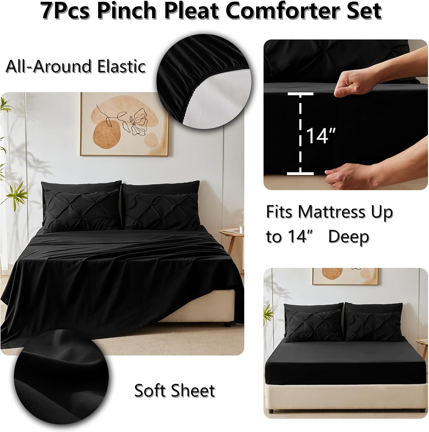 Queen Comforter Set Black - 7 Pieces Pintuck Bed in a Bag, Pinch Pleat Modern Room Decor, All-Season Soft Bedding Gift with Comforter, Sheets, Pillowcases & Shams - Image 7