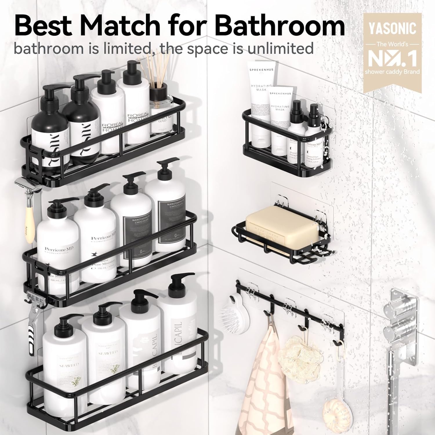 YASONIC Shower Caddy Adhesive, 100% Rustproof Shower Organizer with Soap Holder, Large Capacity Shower Shelves for Inside Shower, No Drilling Bathroom Organizers and Storage for Home Decor 6 Pack - Image 8